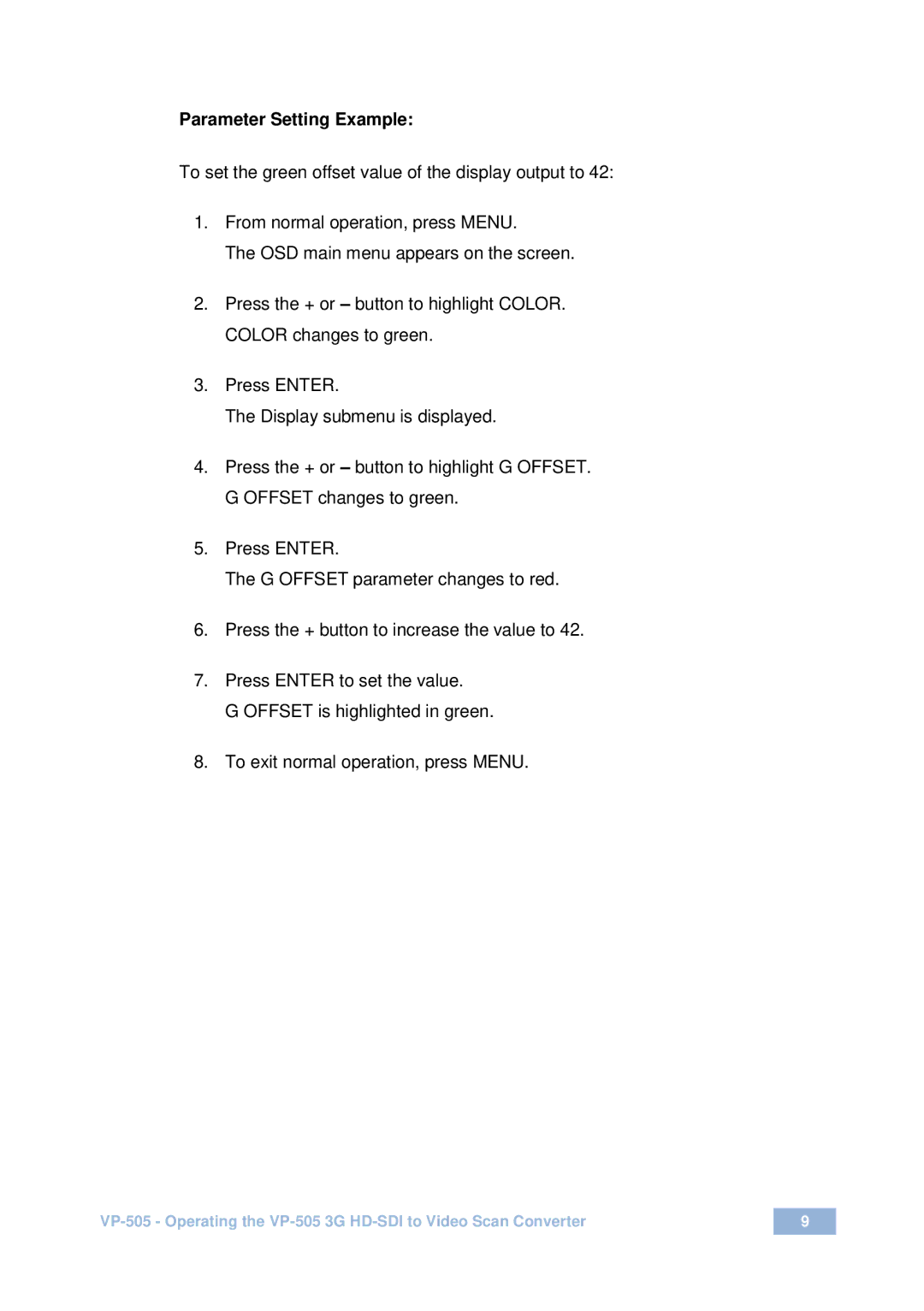 Kramer Electronics VP-505 user manual Parameter Setting Example 