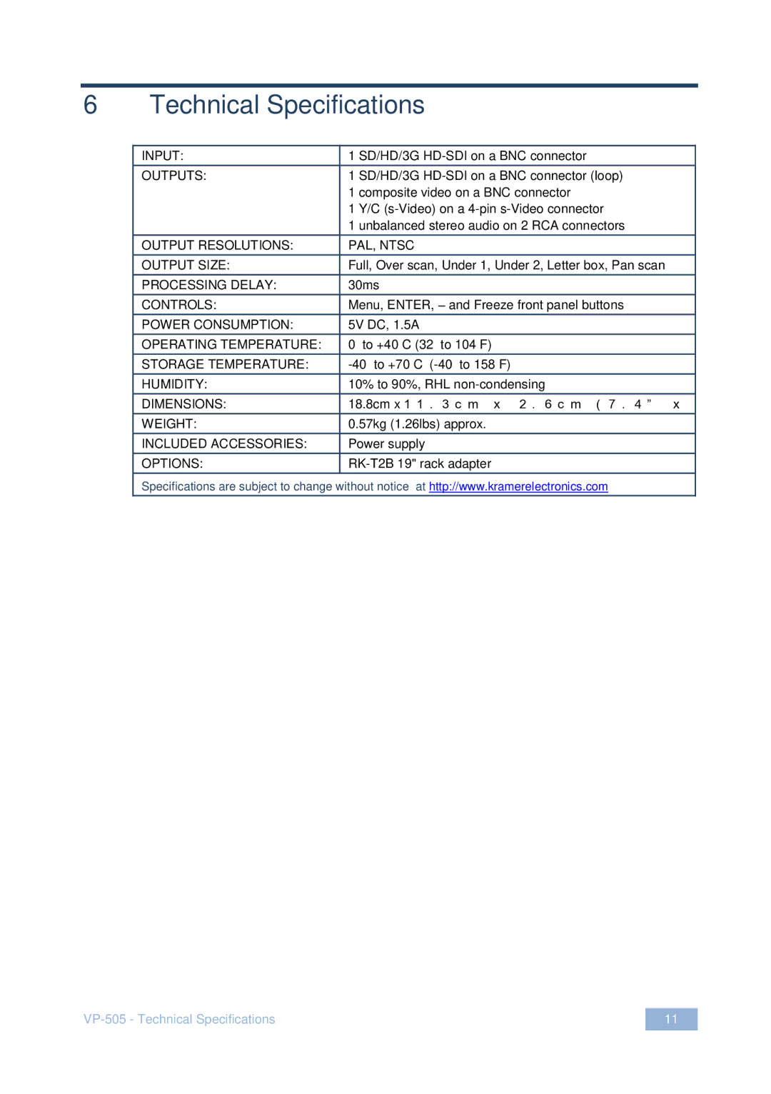 Kramer Electronics VP-505 user manual Technical Specifications, Outputs 