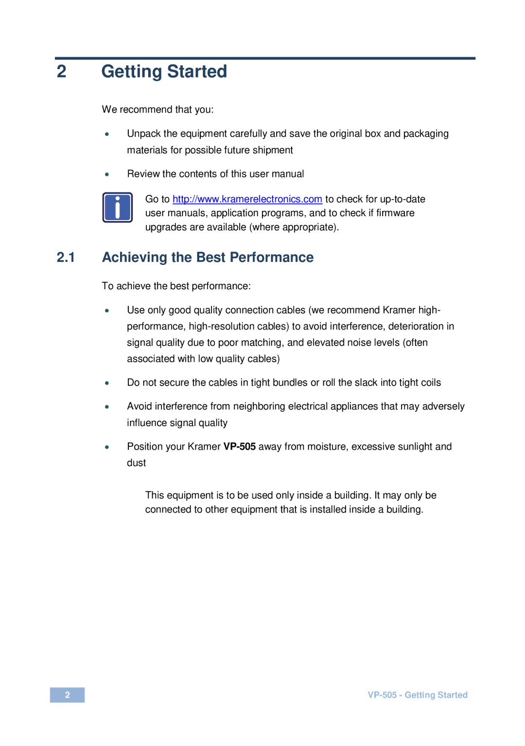 Kramer Electronics VP-505 user manual Getting Started, Achieving the Best Performance 
