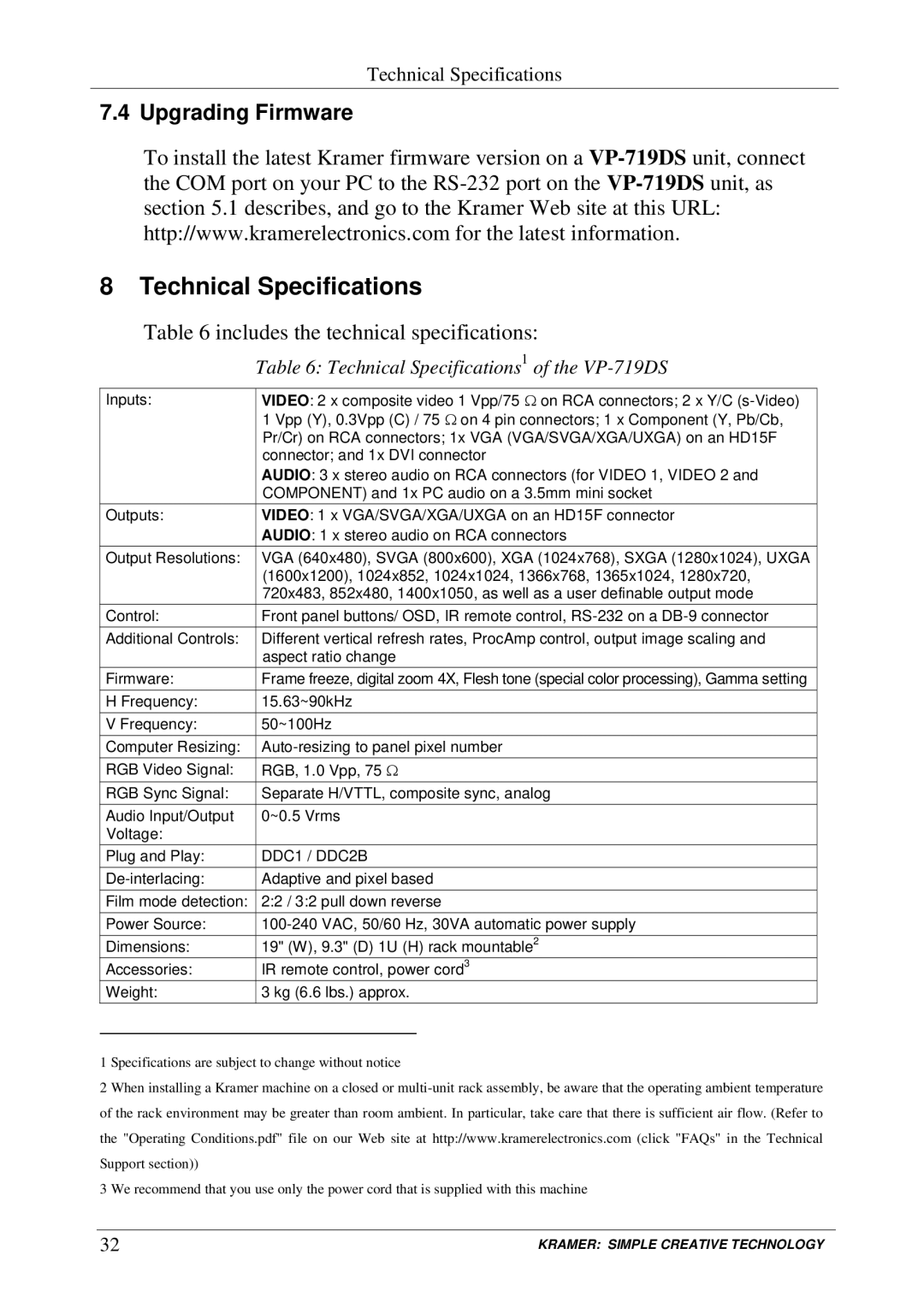 Kramer Electronics user manual Technical Specifications1 of the VP-719DS 