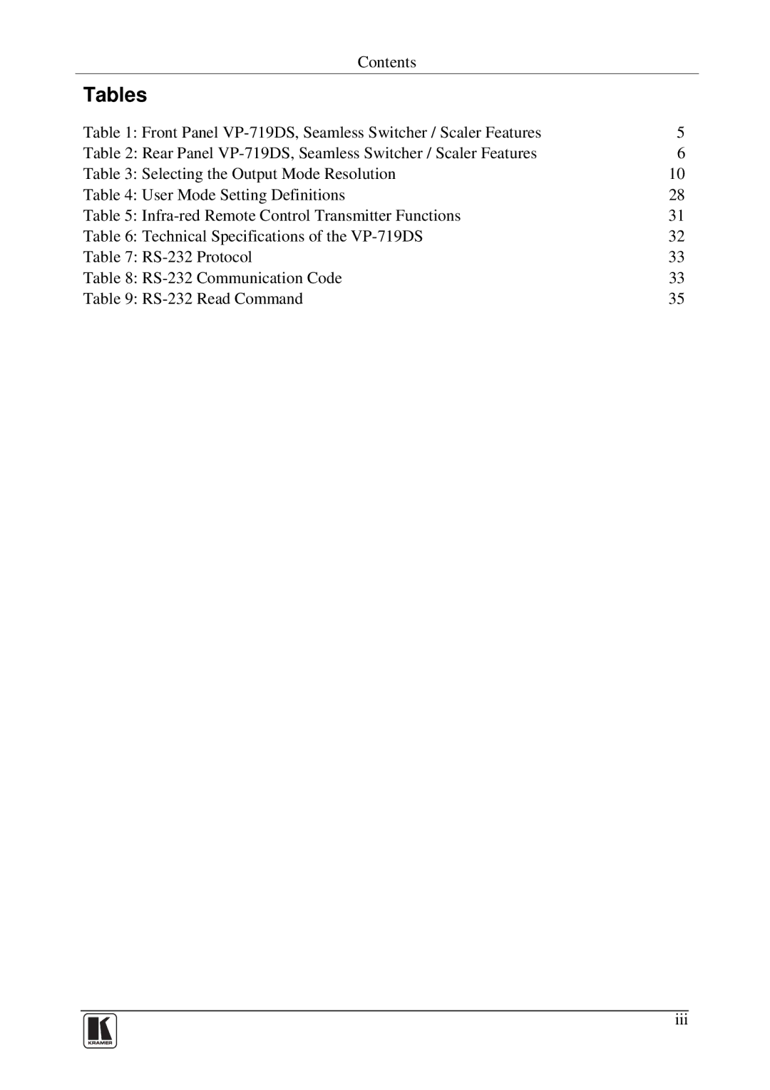 Kramer Electronics VP-719DS user manual Tables 