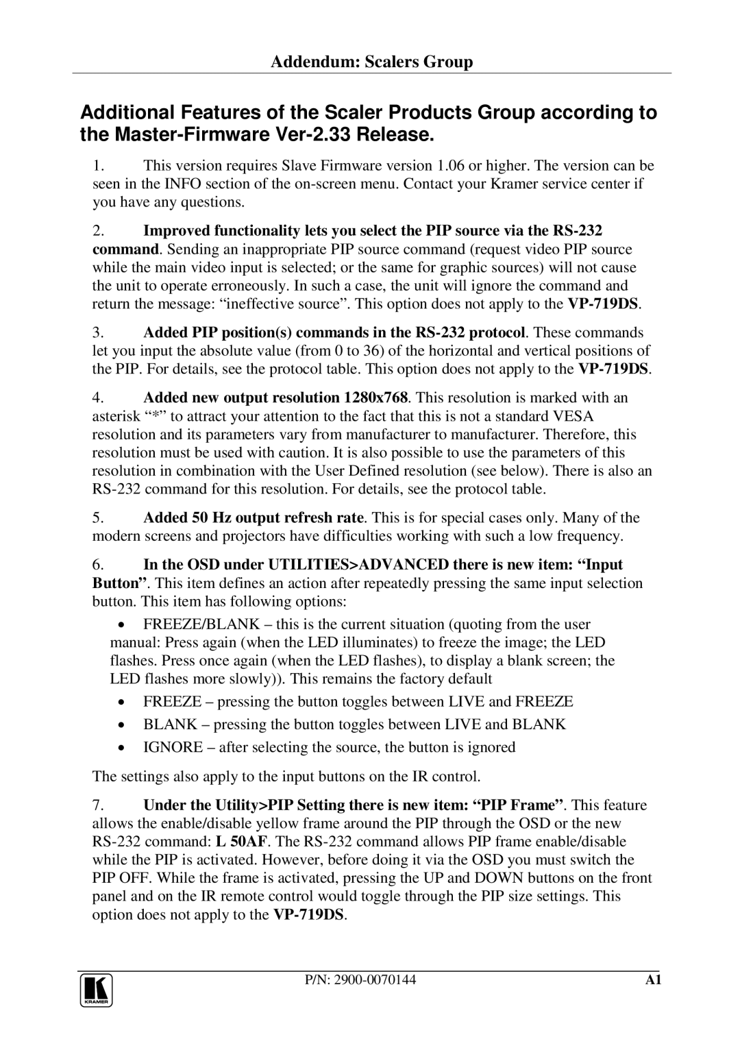 Kramer Electronics VP-719DS user manual Addendum Scalers Group 