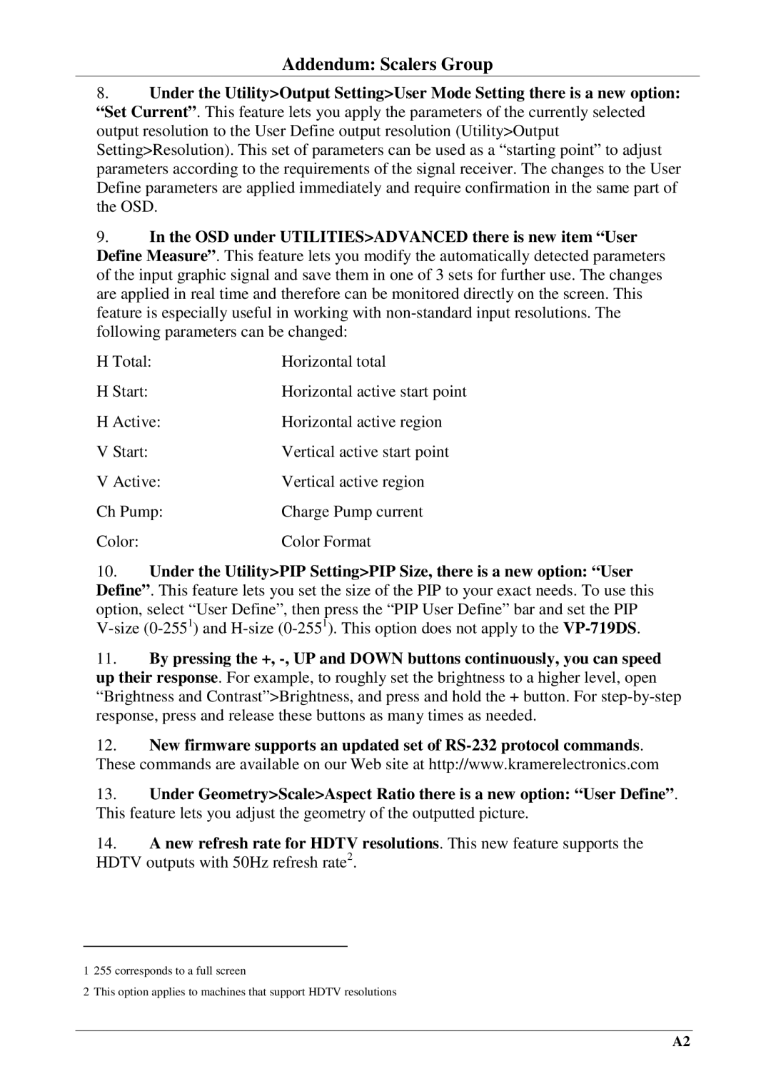 Kramer Electronics VP-719DS user manual Total Horizontal total Start 