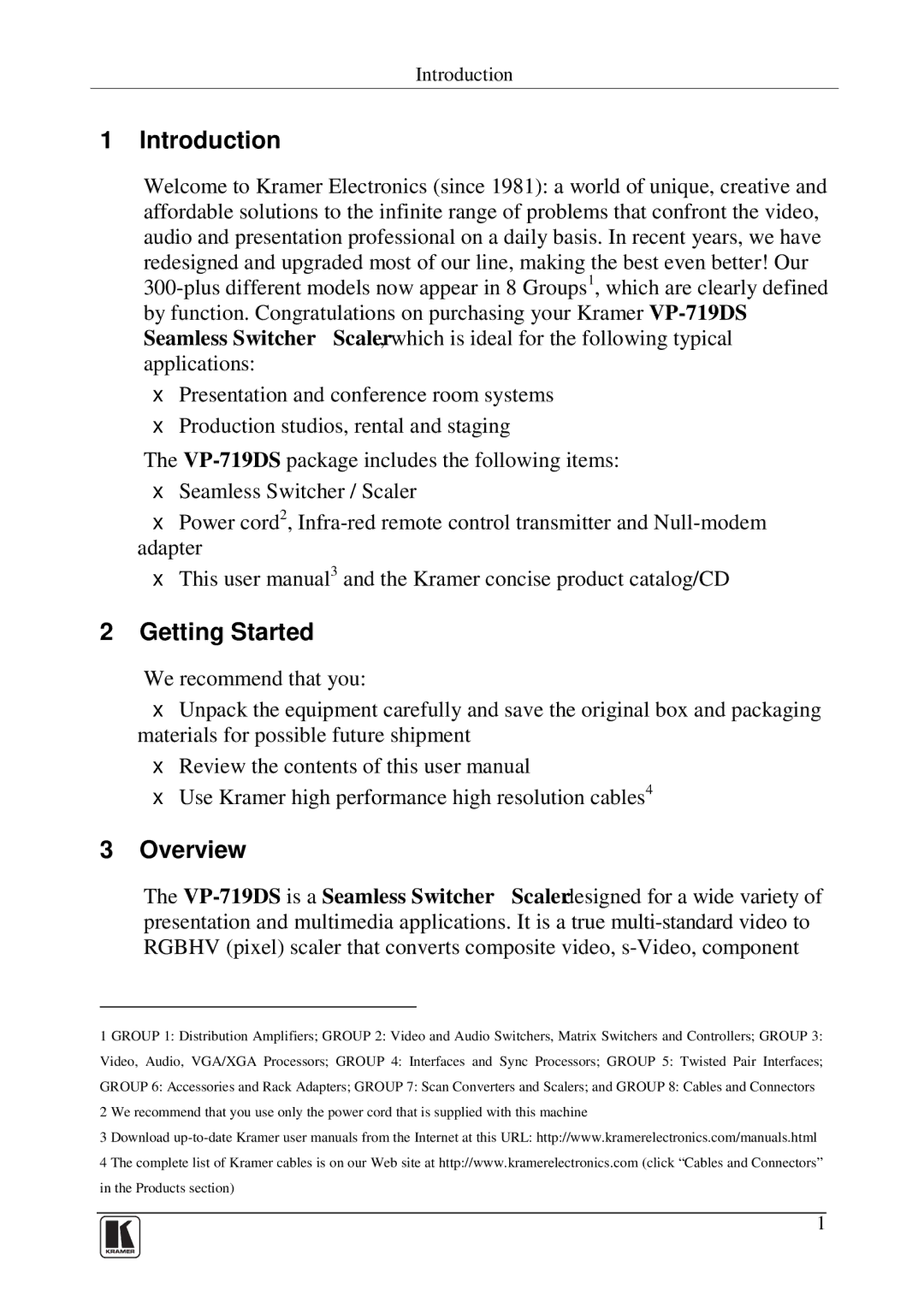 Kramer Electronics VP-719DS user manual Introduction, Getting Started, Overview 