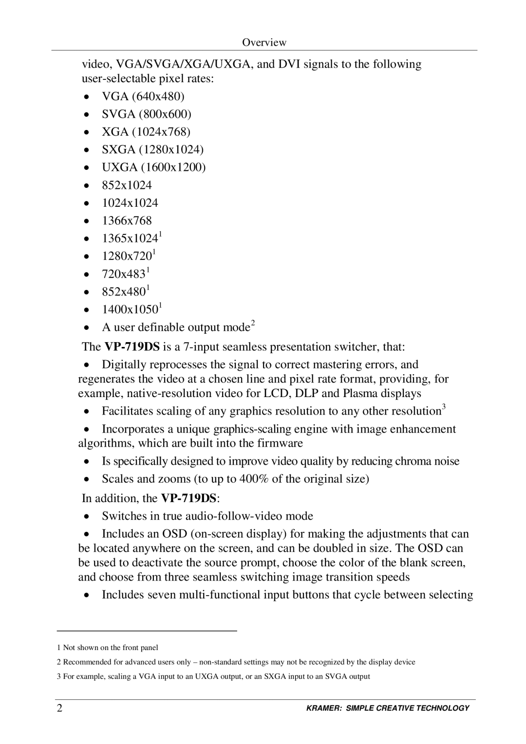 Kramer Electronics VP-719DS user manual Overview 