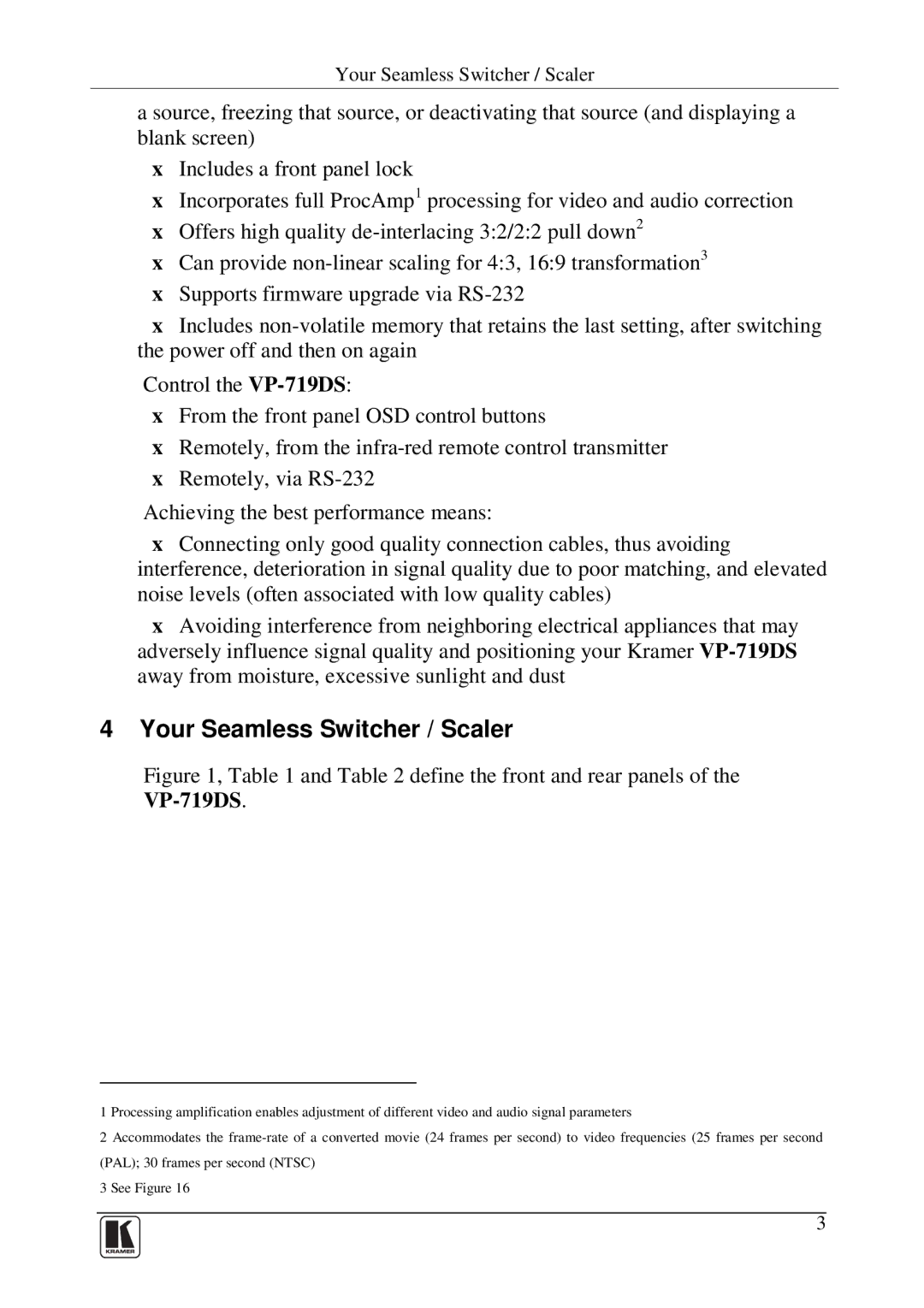 Kramer Electronics user manual Your Seamless Switcher / Scaler, Define the front and rear panels of the VP-719DS 