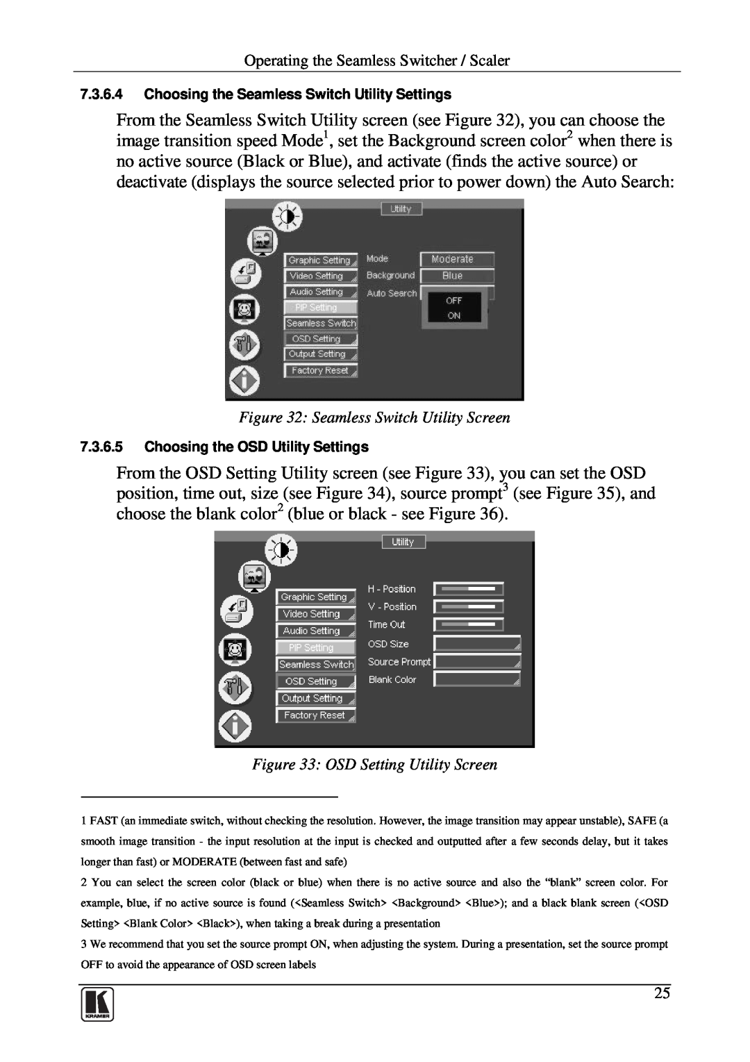 Kramer Electronics VP-719DS user manual Seamless Switch Utility Screen, OSD Setting Utility Screen 