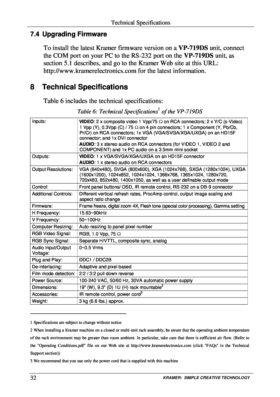 Kramer Electronics VP-719DS user manual Technical Specifications, Upgrading Firmware 