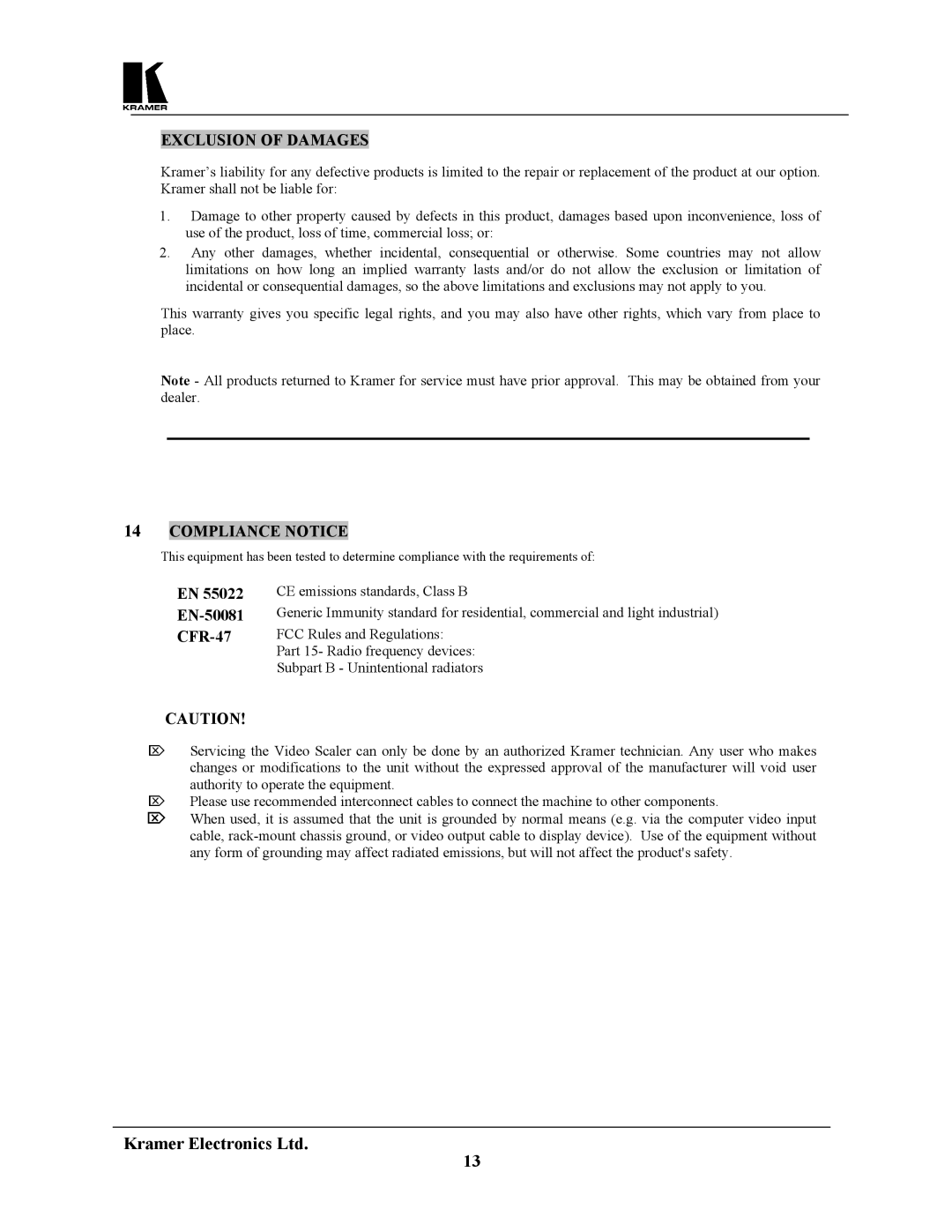 Kramer Electronics VP-721DS, VP-722DS user manual Exclusion of Damages, Compliance Notice, EN-50081, CFR-47 