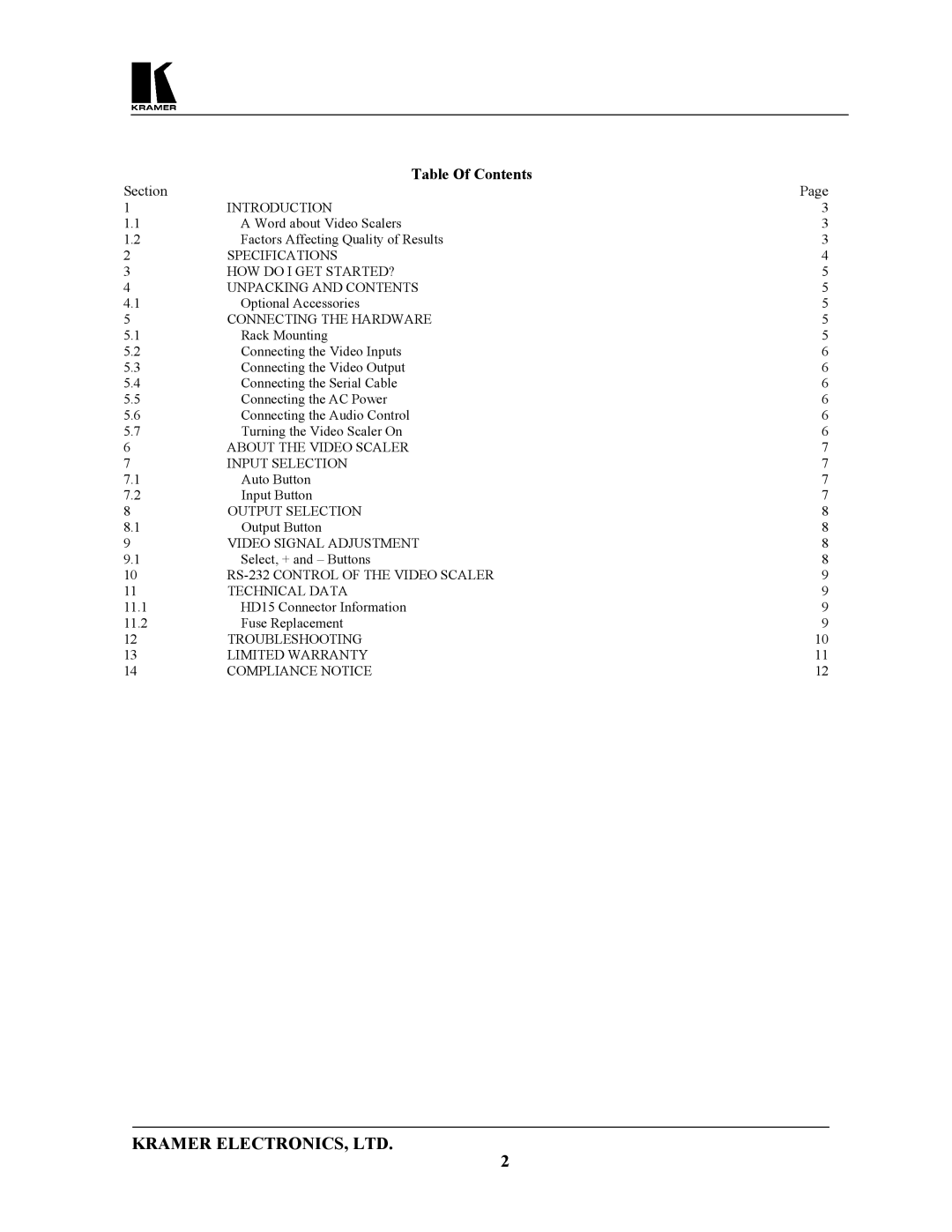 Kramer Electronics VP-722DS, VP-721DS user manual Table Of Contents 