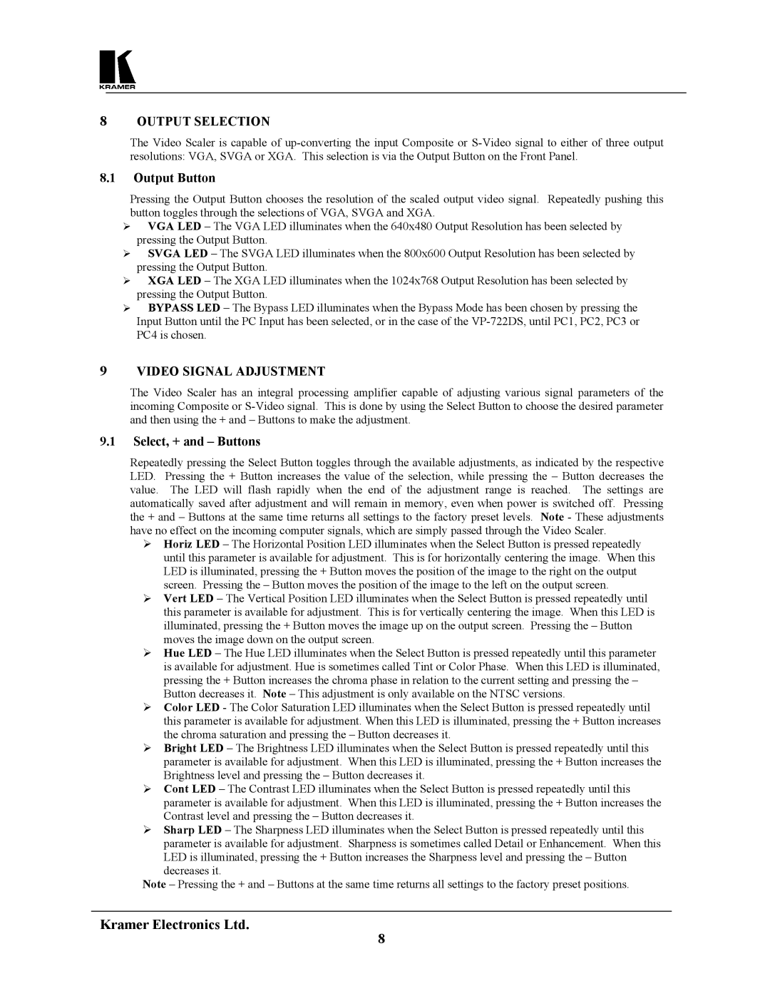 Kramer Electronics VP-722DS, VP-721DS Output Selection, Output Button, Video Signal Adjustment, Select, + and Buttons 