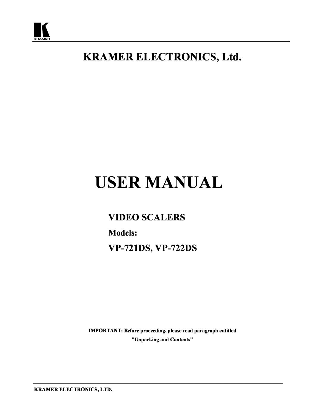 Kramer Electronics VP-721DS user manual Models, IMPORTANT Before proceeding, please read paragraph entitled, User Manual 