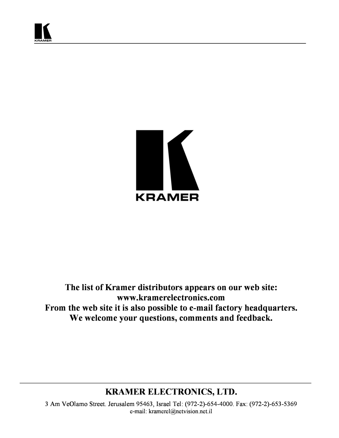 Kramer Electronics VP-722DS, VP-721DS user manual The list of Kramer distributors appears on our web site 