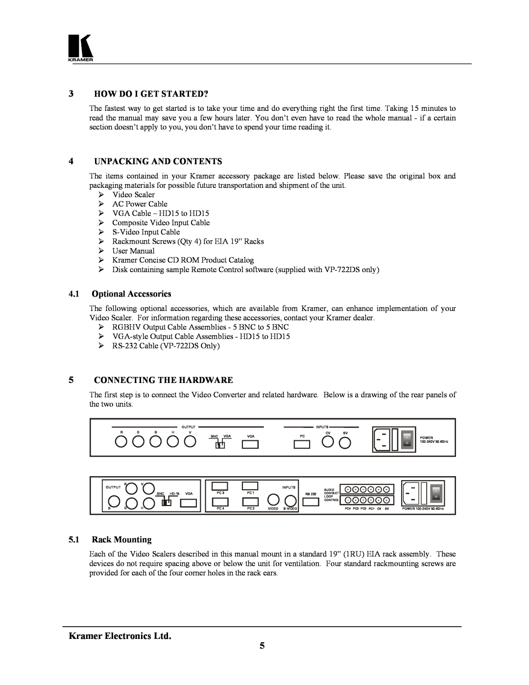 Kramer Electronics VP-721DS How Do I Get Started?, Unpacking And Contents, Optional Accessories, Connecting The Hardware 