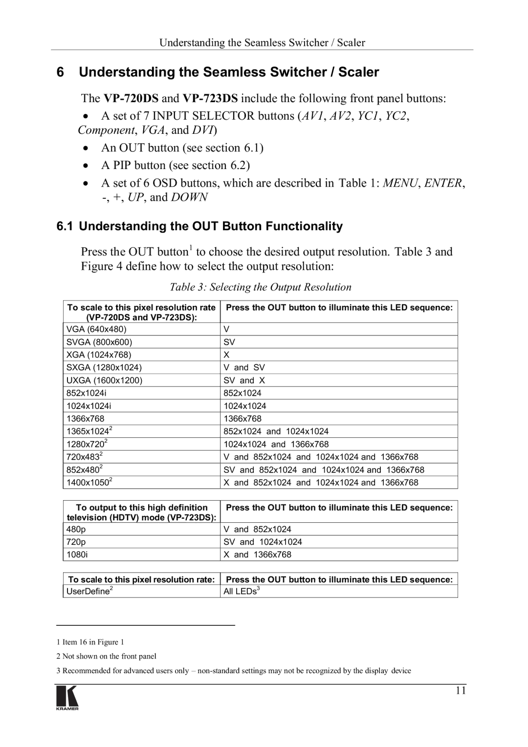 Kramer Electronics VP-720DS, VP-723DS manual 8QGHUVWDQGLQJWKH6HDPOHVV6ZLWFKHU6FDOHU, 8QGHUVWDQGLQJWKH287%XWWRQXQFWLRQDOLW 