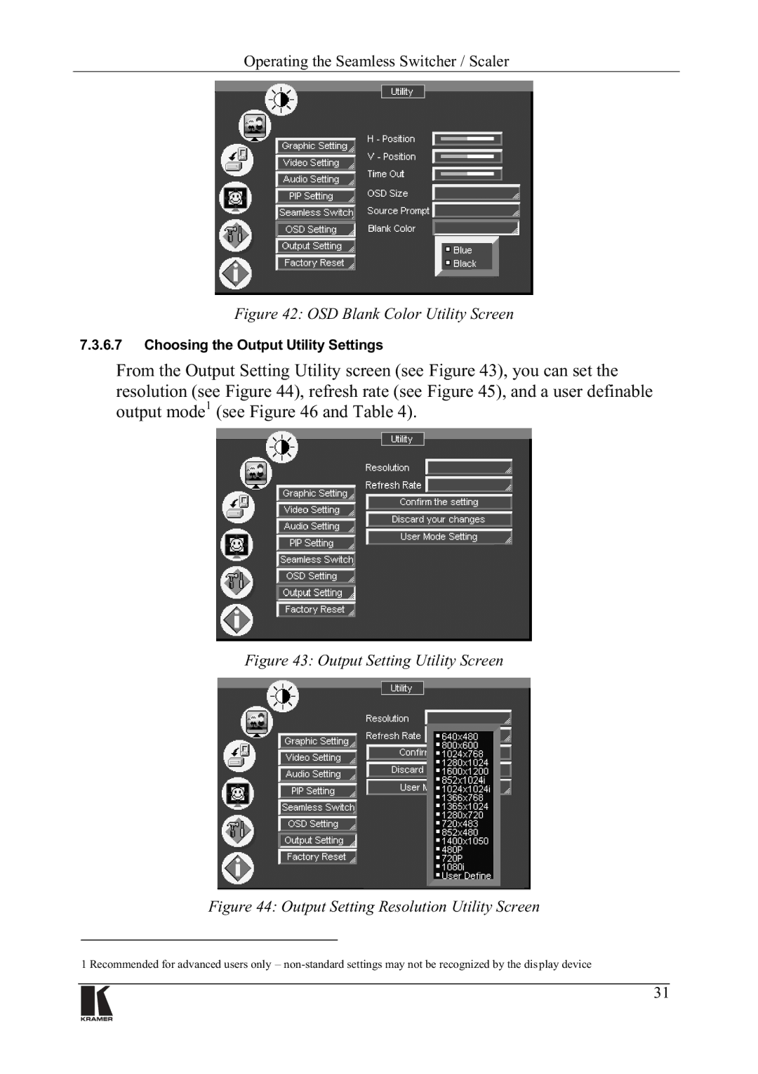 Kramer Electronics VP-720DS, VP-723DS manual KRRVLQJWKH2XWSXW8WLOLW\6HWWLQJV, LJXUH2XWSXW6HWWLQJ5HVROXWLRQ8WLOLW\6FUHHQ 