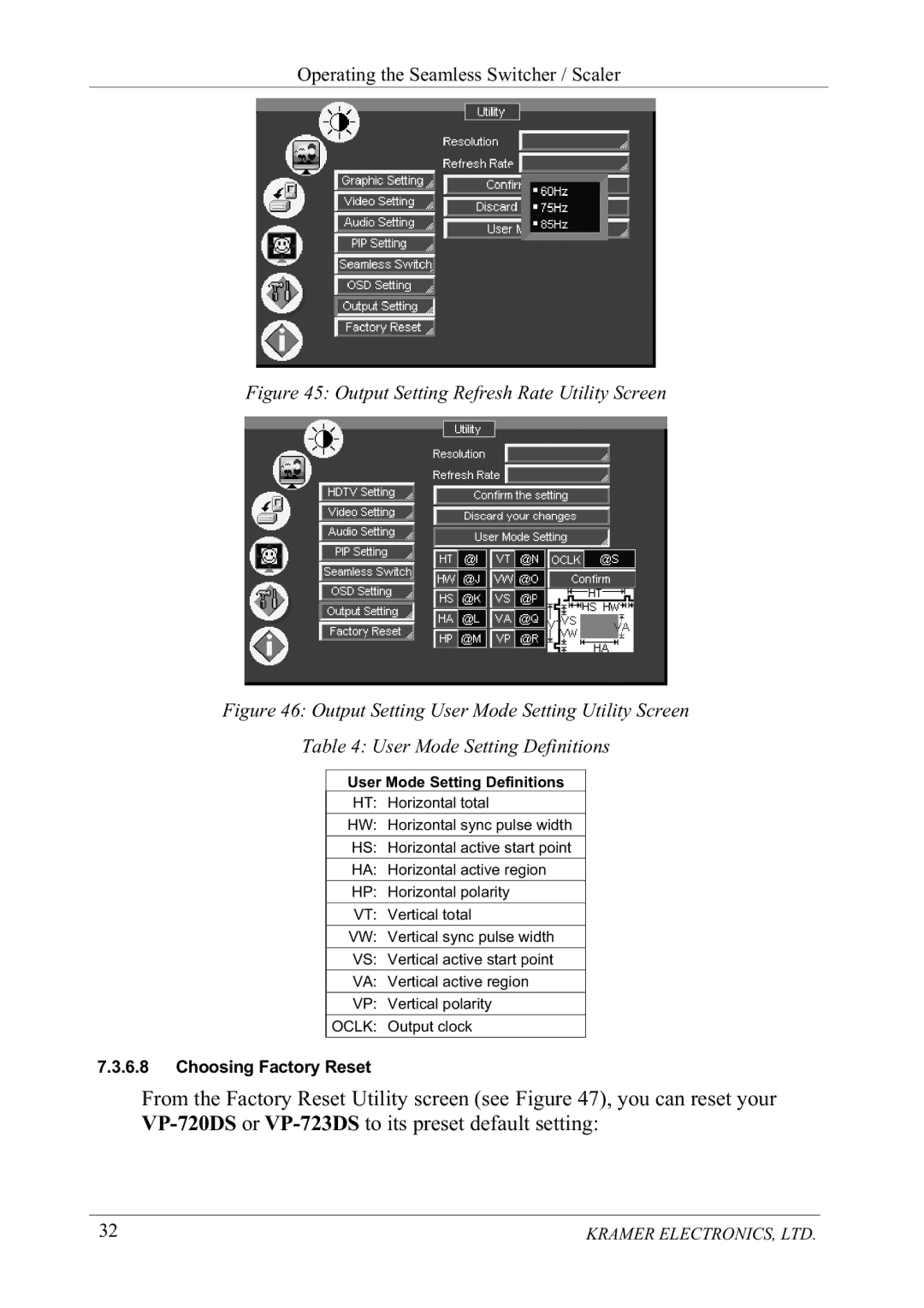 Kramer Electronics VP-723DS, VP-720DS manual LJXUH2XWSXW6HWWLQJ5HIUHVK5DWH8WLOLW\6FUHHQ, 2XWSXWFORFN 