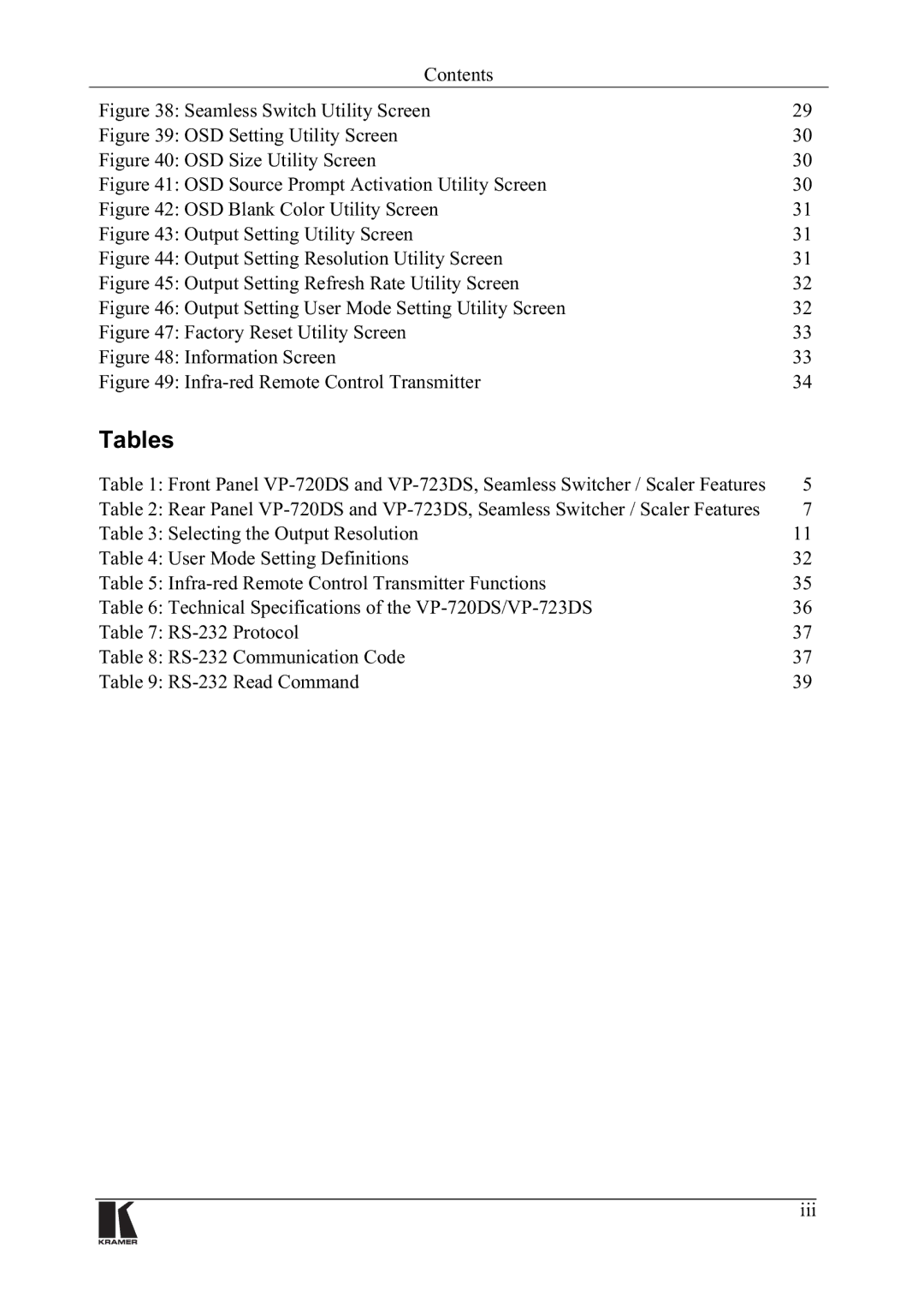 Kramer Electronics VP-723DS, VP-720DS 7DEOHV, 7DEOH56&RPPXQLFDWLRQ&RGH, Lll, LJXUH266RXUFH3URPSW$FWLYDWLRQ8WLOLW\6FUHHQ 