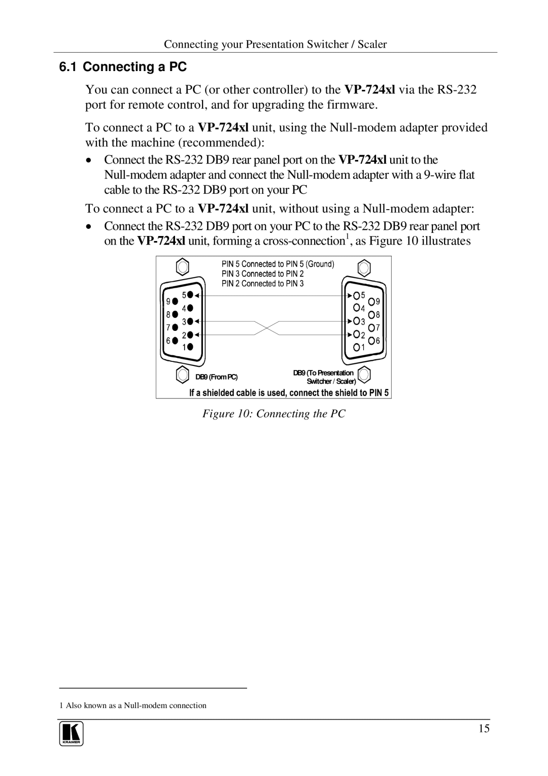 Kramer Electronics VP-719xl, VP-723xl, VP-724xl, VP-720xl user manual Connecting a PC, Connecting the PC 