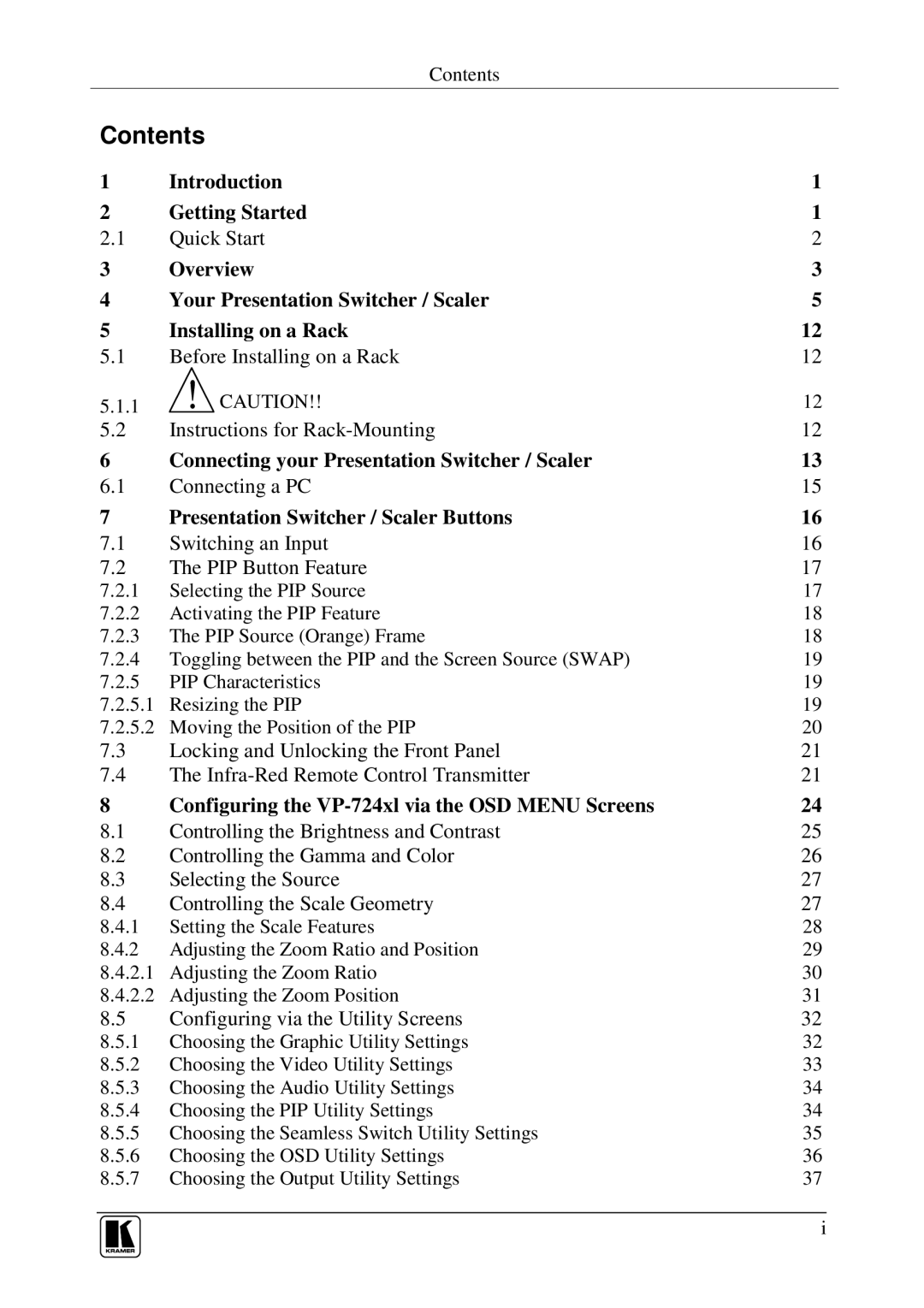 Kramer Electronics VP-720xl, VP-723xl, VP-724xl, VP-719xl user manual Contents 