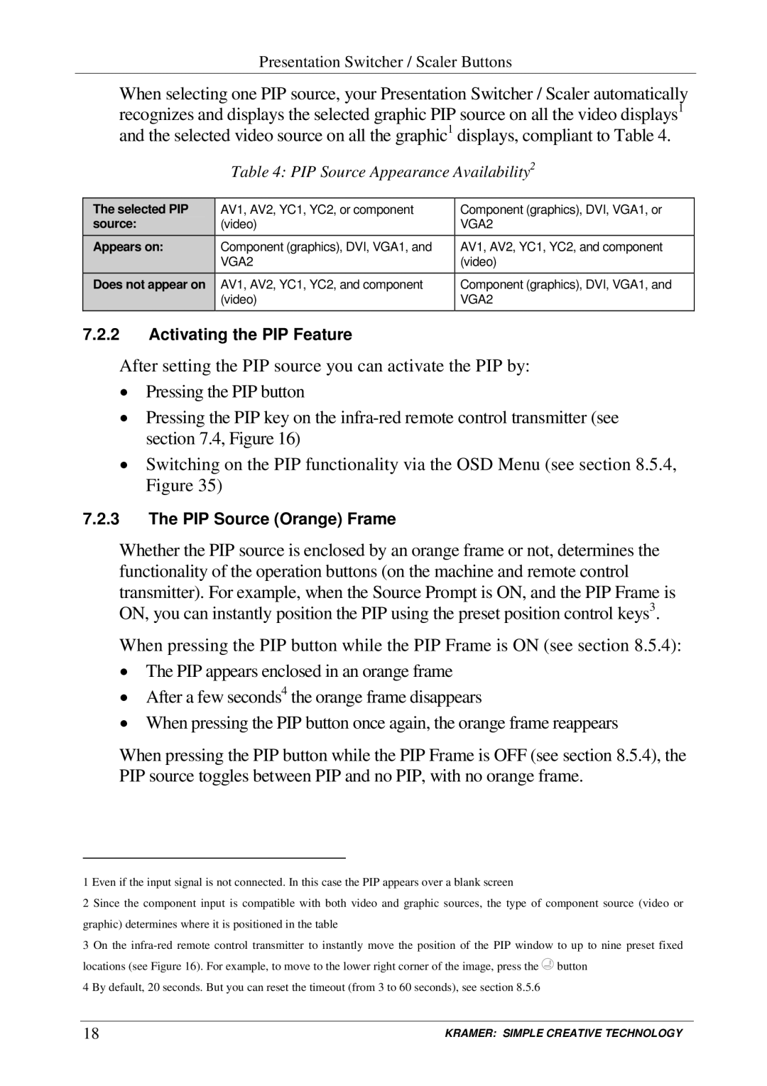 Kramer Electronics VP-720xl PIP Source Appearance Availability2, Activating the PIP Feature, PIP Source Orange Frame 