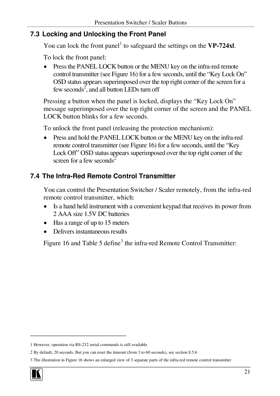 Kramer Electronics VP-724xl, VP-723xl, VP-720xl Locking and Unlocking the Front Panel, Infra-Red Remote Control Transmitter 
