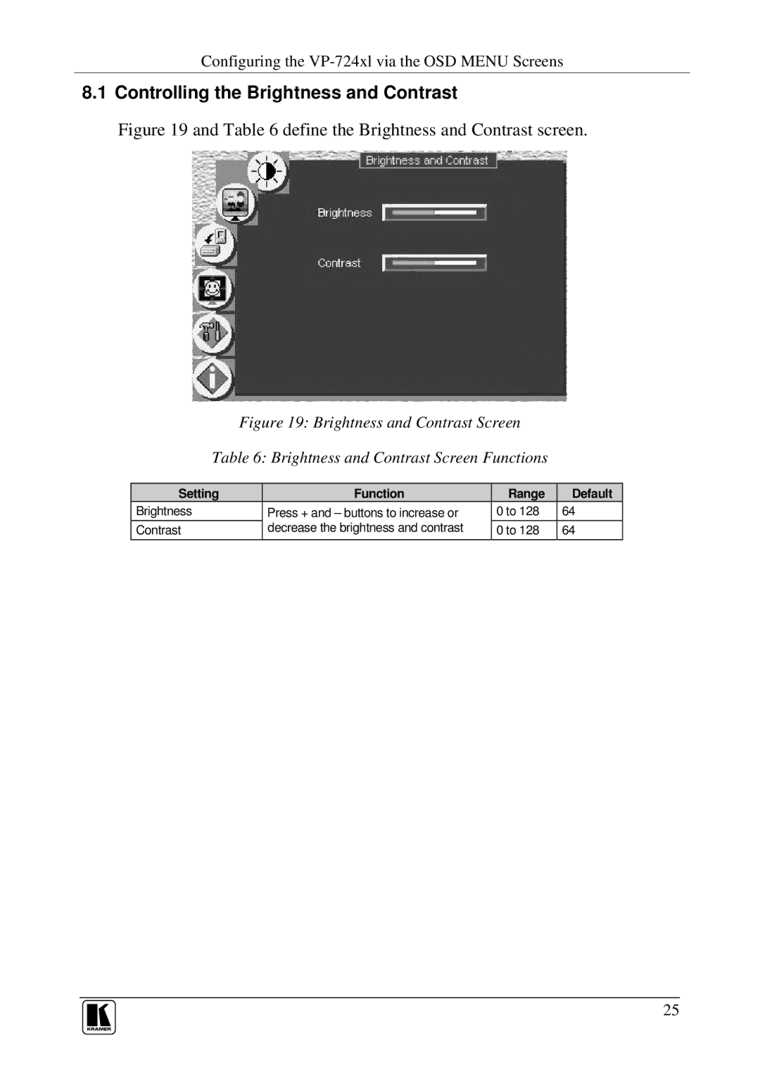 Kramer Electronics VP-724xl, VP-723xl, VP-720xl Controlling the Brightness and Contrast, Setting Function Range Default 