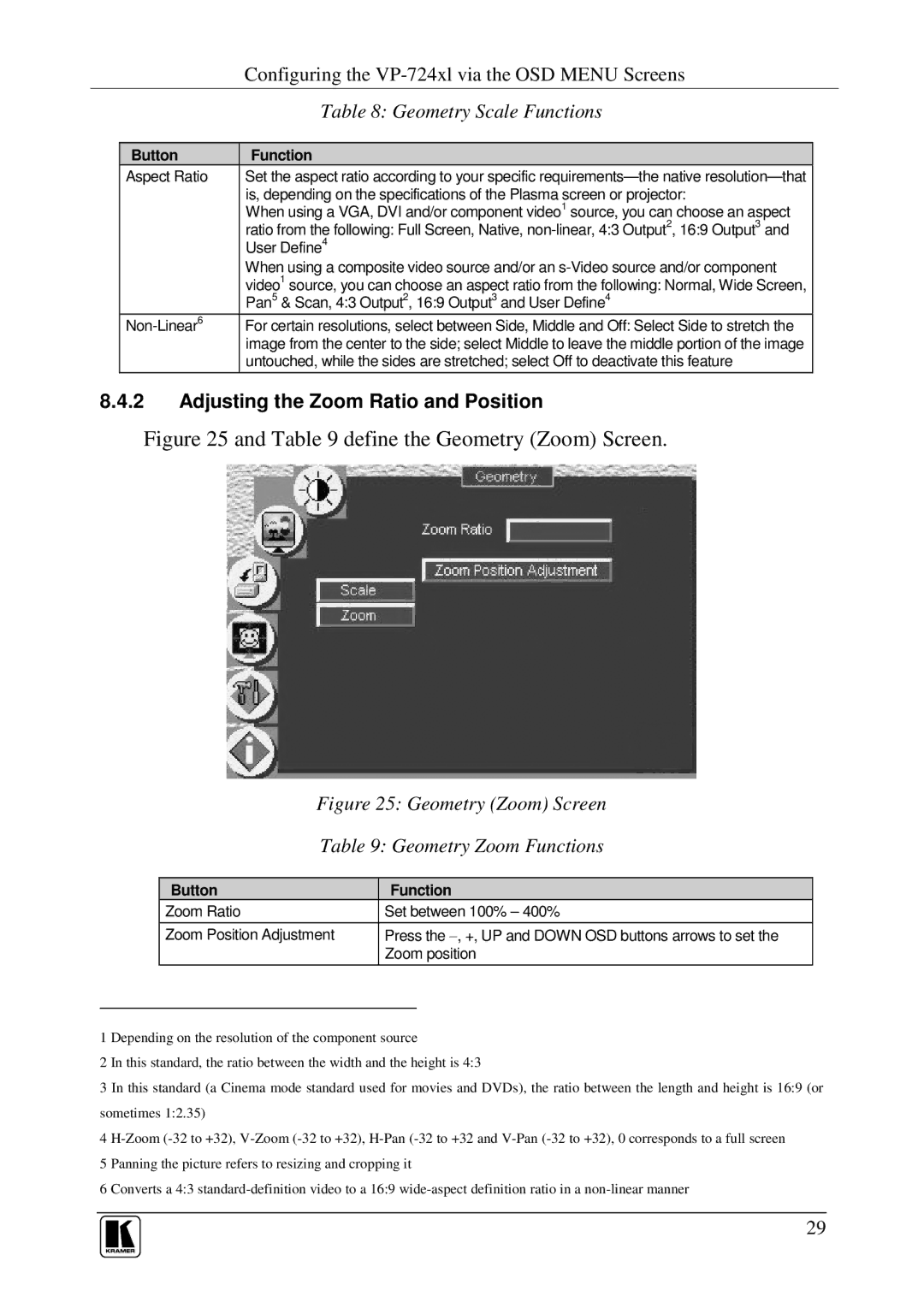 Kramer Electronics VP-724xl, VP-723xl Geometry Scale Functions, Adjusting the Zoom Ratio and Position, Button Unction 