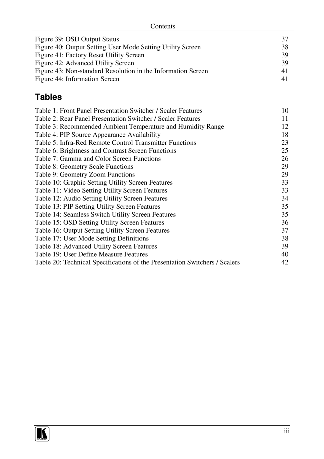 Kramer Electronics VP-723xl, VP-724xl, VP-720xl, VP-719xl user manual Tables, OSD Output Status 