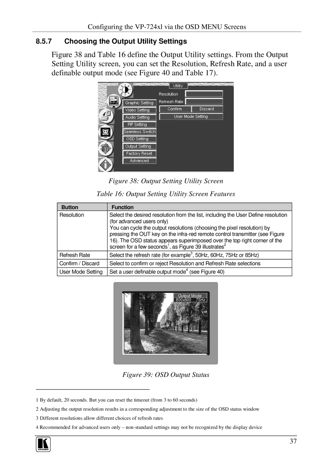 Kramer Electronics VP-724xl Choosing the Output Utility Settings, Output Setting Utility Screen Features, Resolution 