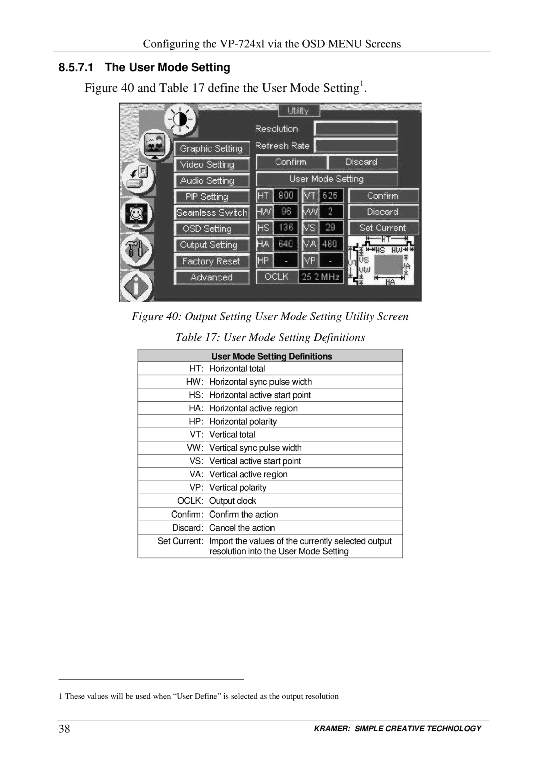 Kramer Electronics VP-720xl, VP-723xl, VP-724xl, VP-719xl user manual User Mode Setting Definitions, Oclk 