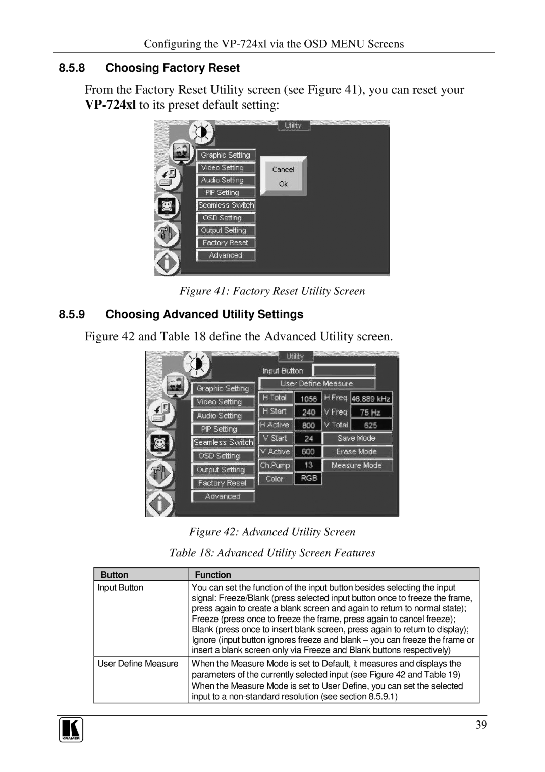 Kramer Electronics VP-719xl Choosing Factory Reset, Choosing Advanced Utility Settings, Advanced Utility Screen Features 