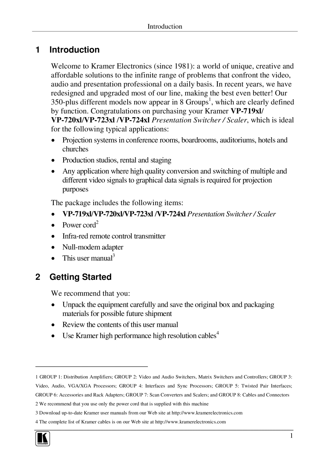 Kramer Electronics VP-724xl, VP-723xl, VP-720xl, VP-719xl user manual Introduction, Getting Started 