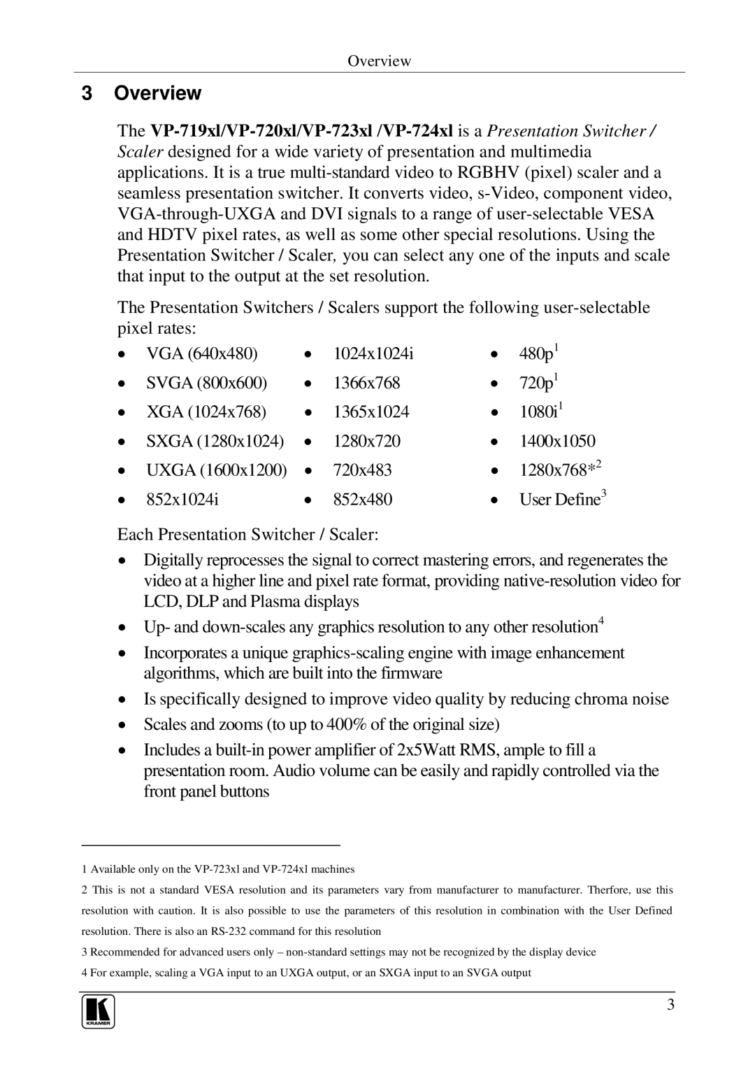 Kramer Electronics VP-719xl, VP-723xl, VP-724xl, VP-720xl user manual Overview 