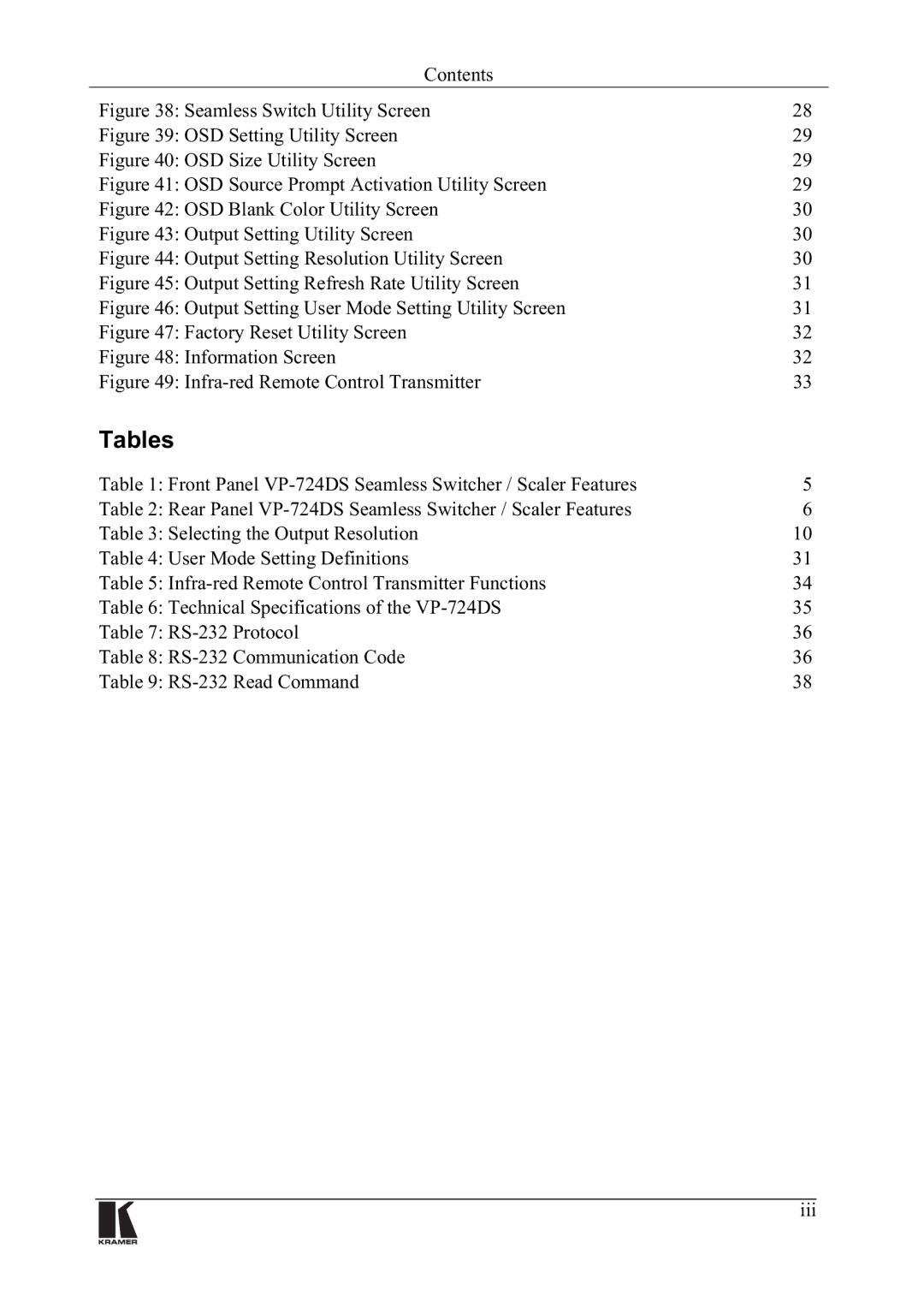 Kramer Electronics VP-724DS manual 7DEOHV, 7DEOH7HFKQLFDO6SHFLILFDWLRQVRIWKH936, 7DEOH56&RPPXQLFDWLRQ&RGH, Lll 