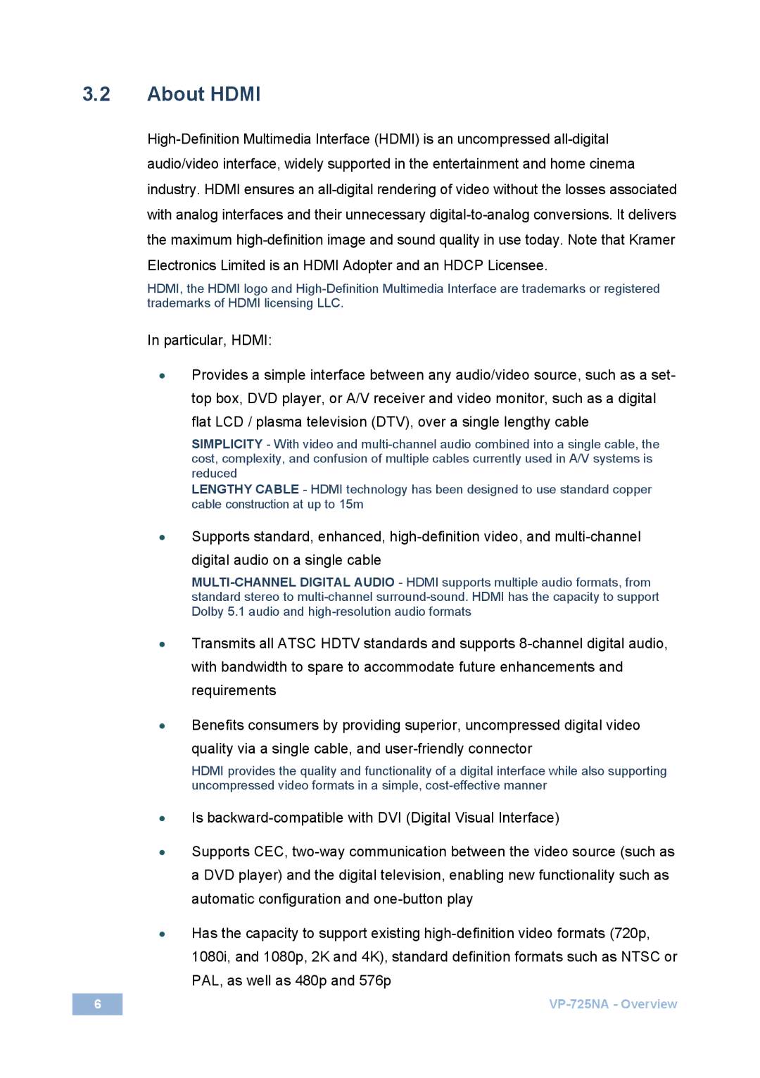 Kramer Electronics VP-725NA user manual About Hdmi 