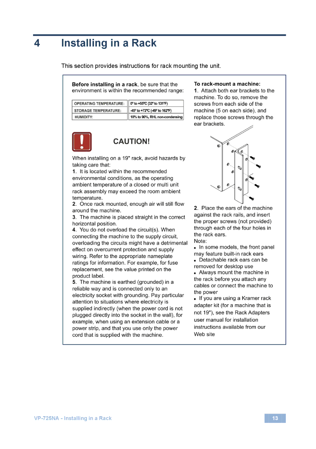 Kramer Electronics VP-725NA user manual Installing in a Rack 