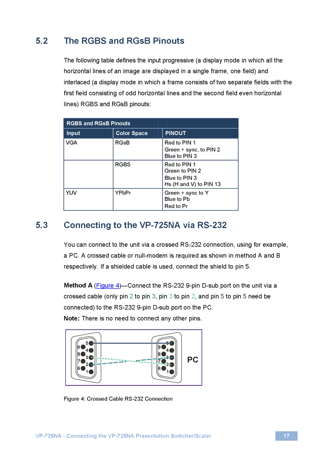 Kramer Electronics user manual Rgbs and RGsB Pinouts, Connecting to the VP-725NA via RS-232 