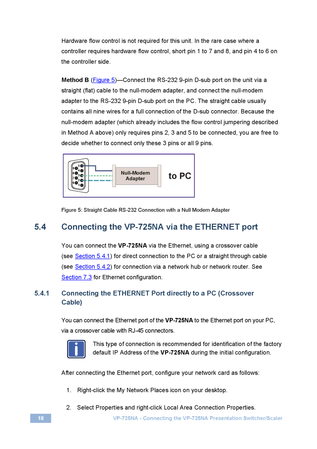 Kramer Electronics user manual Connecting the VP-725NA via the Ethernet port 