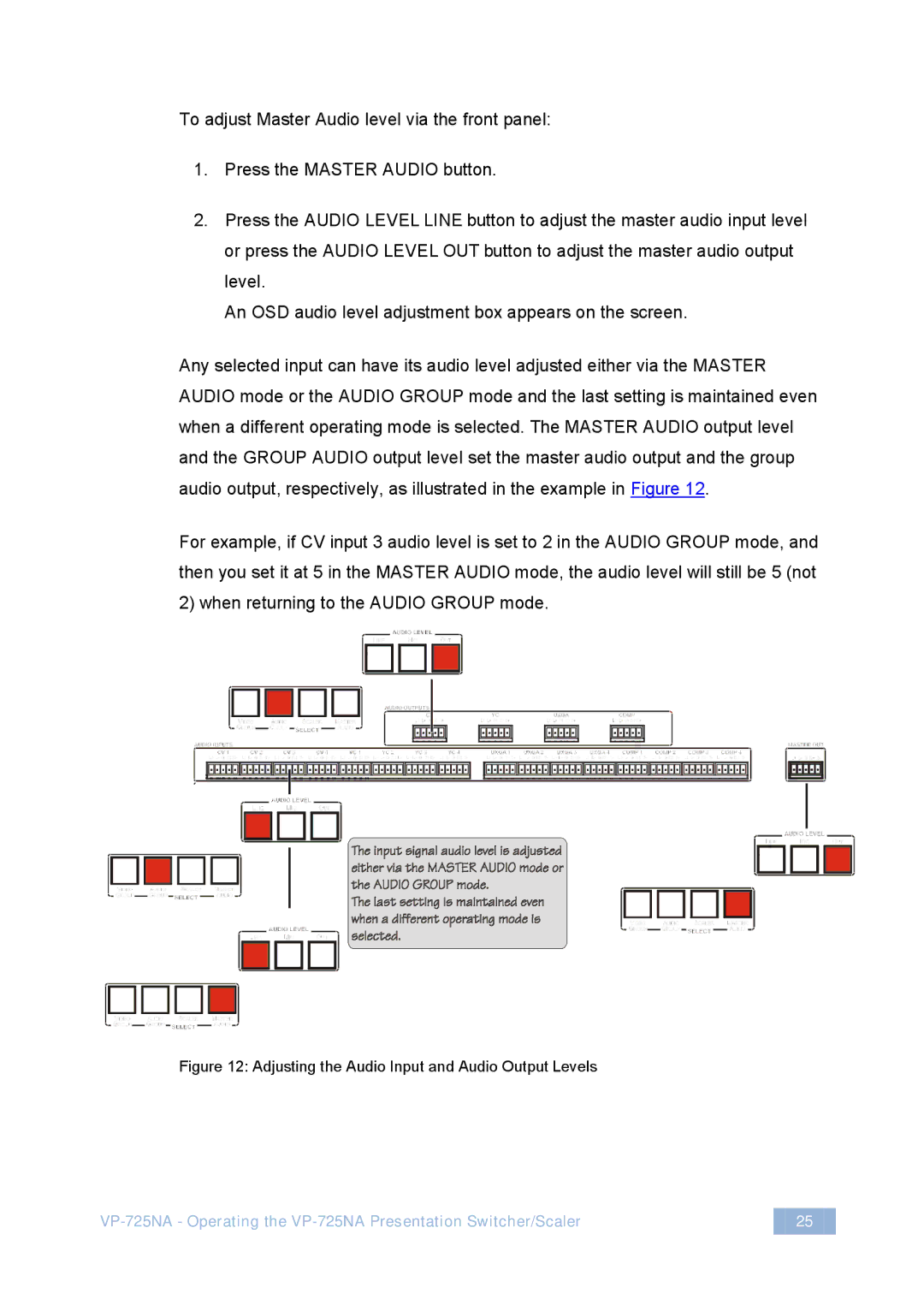 Kramer Electronics VP-725NA user manual Adjusting the Audio Input and Audio Output Levels 