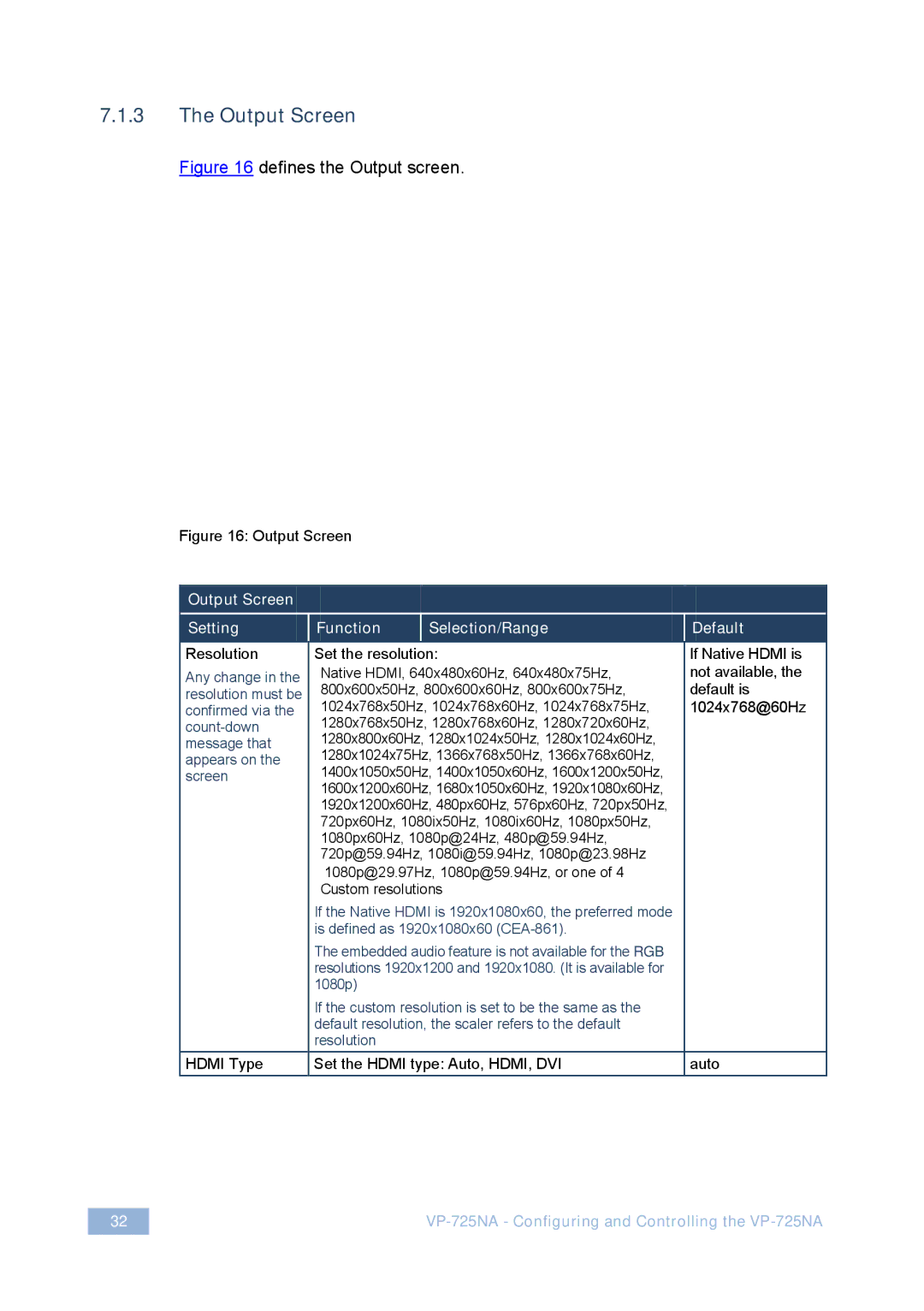 Kramer Electronics VP-725NA user manual Output Screen Setting Function Selection/Range Default 