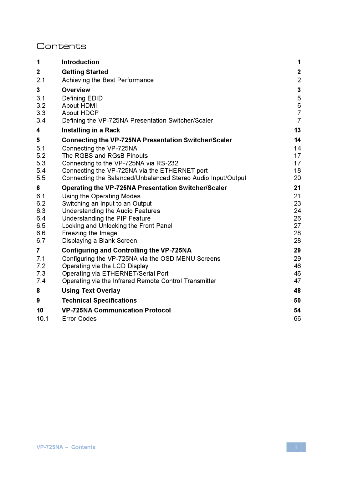 Kramer Electronics VP-725NA user manual Contents 