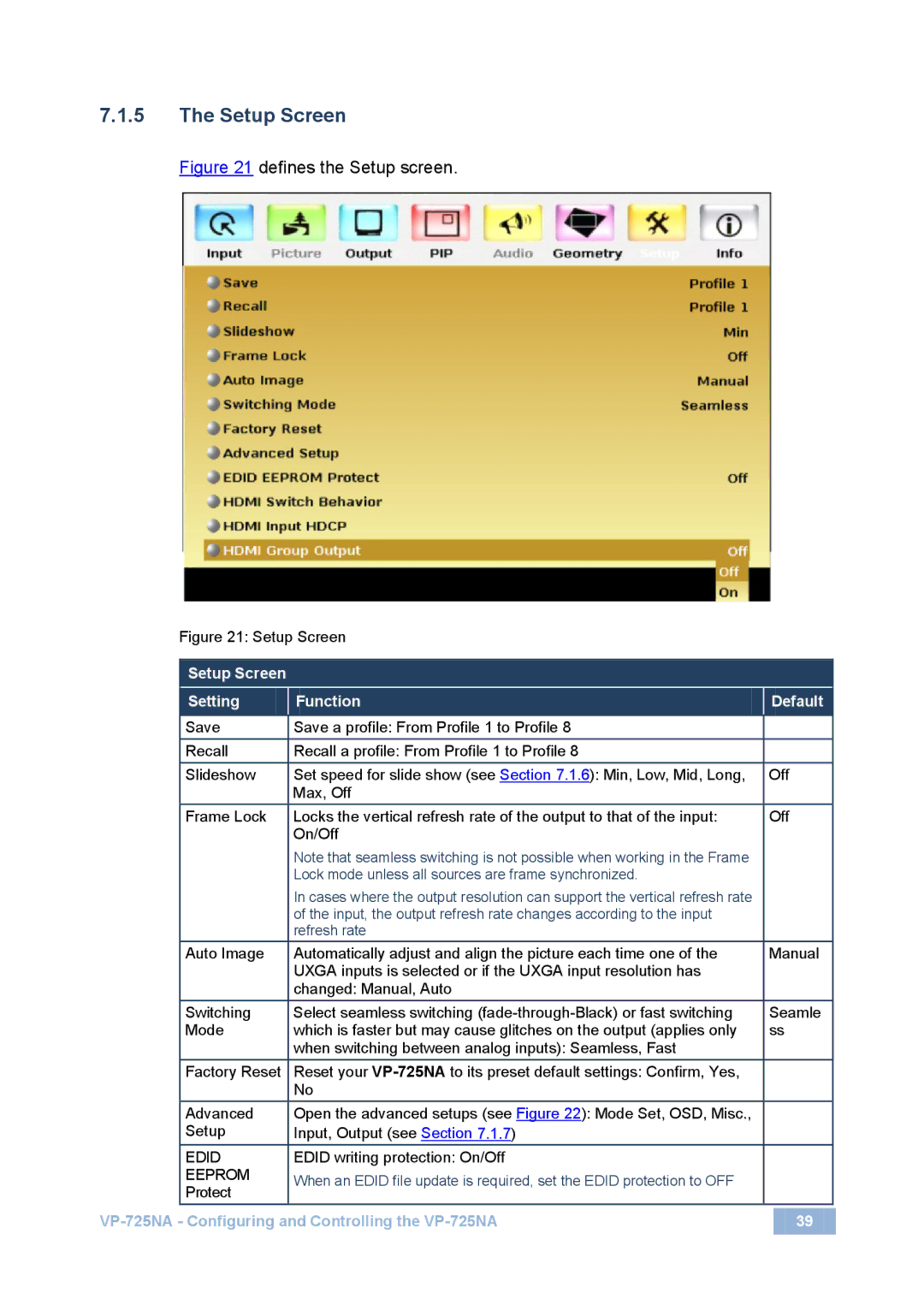 Kramer Electronics VP-725NA user manual Setup Screen Setting Function Default 