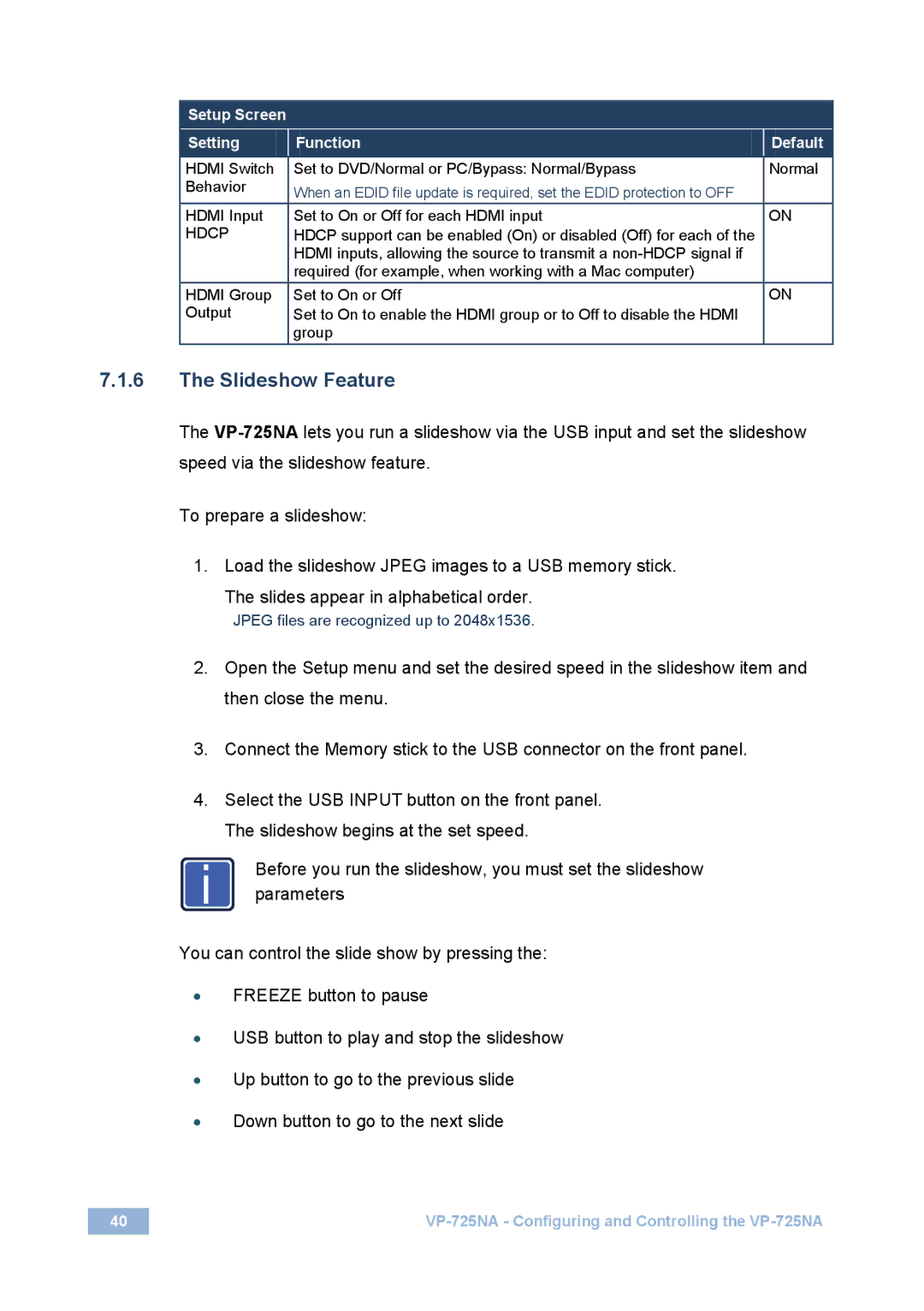 Kramer Electronics VP-725NA user manual Slideshow Feature, Hdcp 