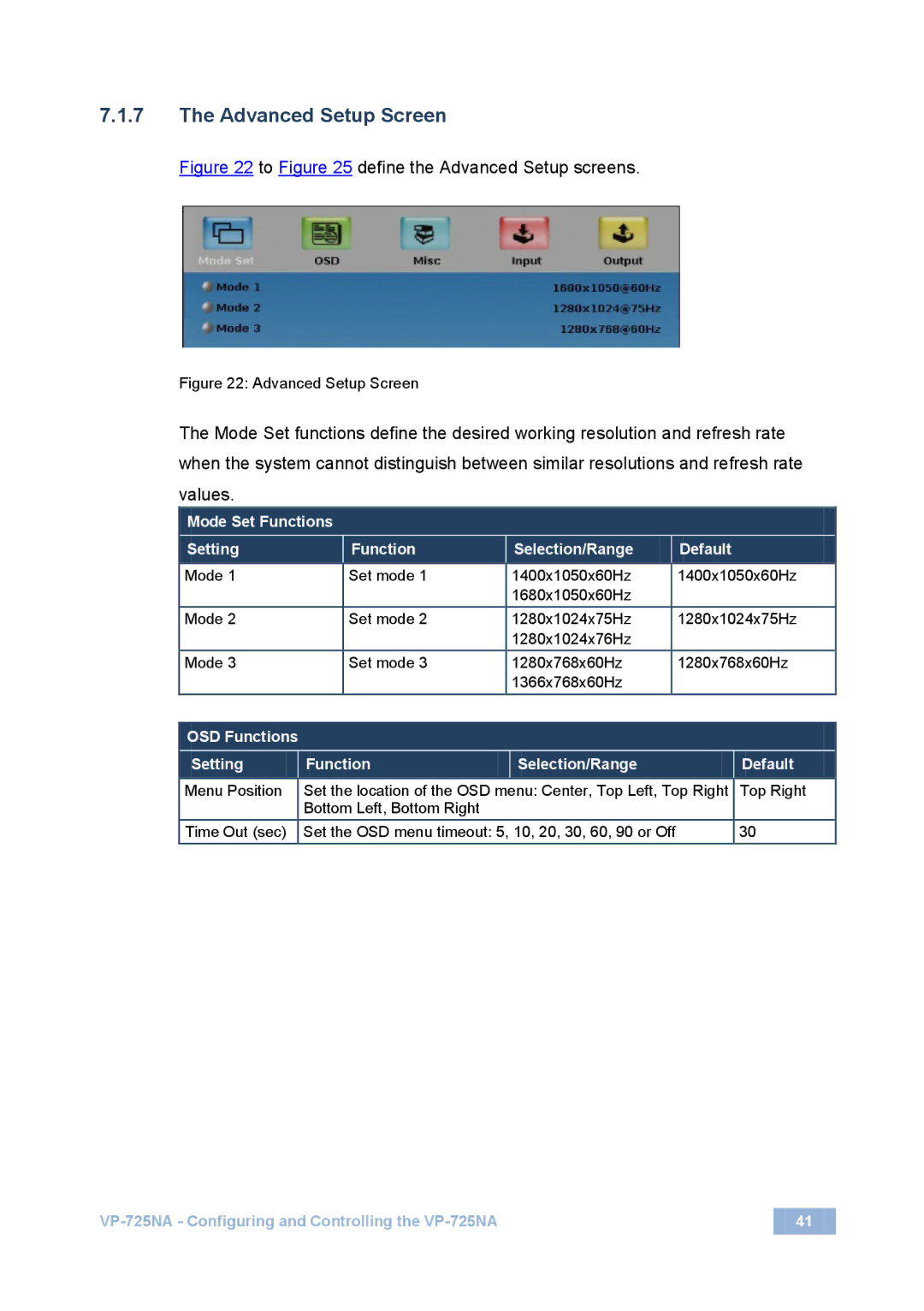 Kramer Electronics VP-725NA user manual Advanced Setup Screen, Mode Set Functions Setting Selection/Range Default 