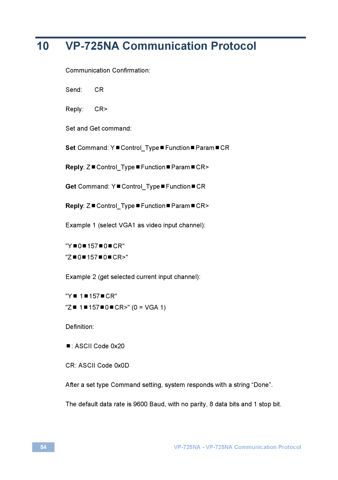 Kramer Electronics user manual 10 VP-725NA Communication Protocol 