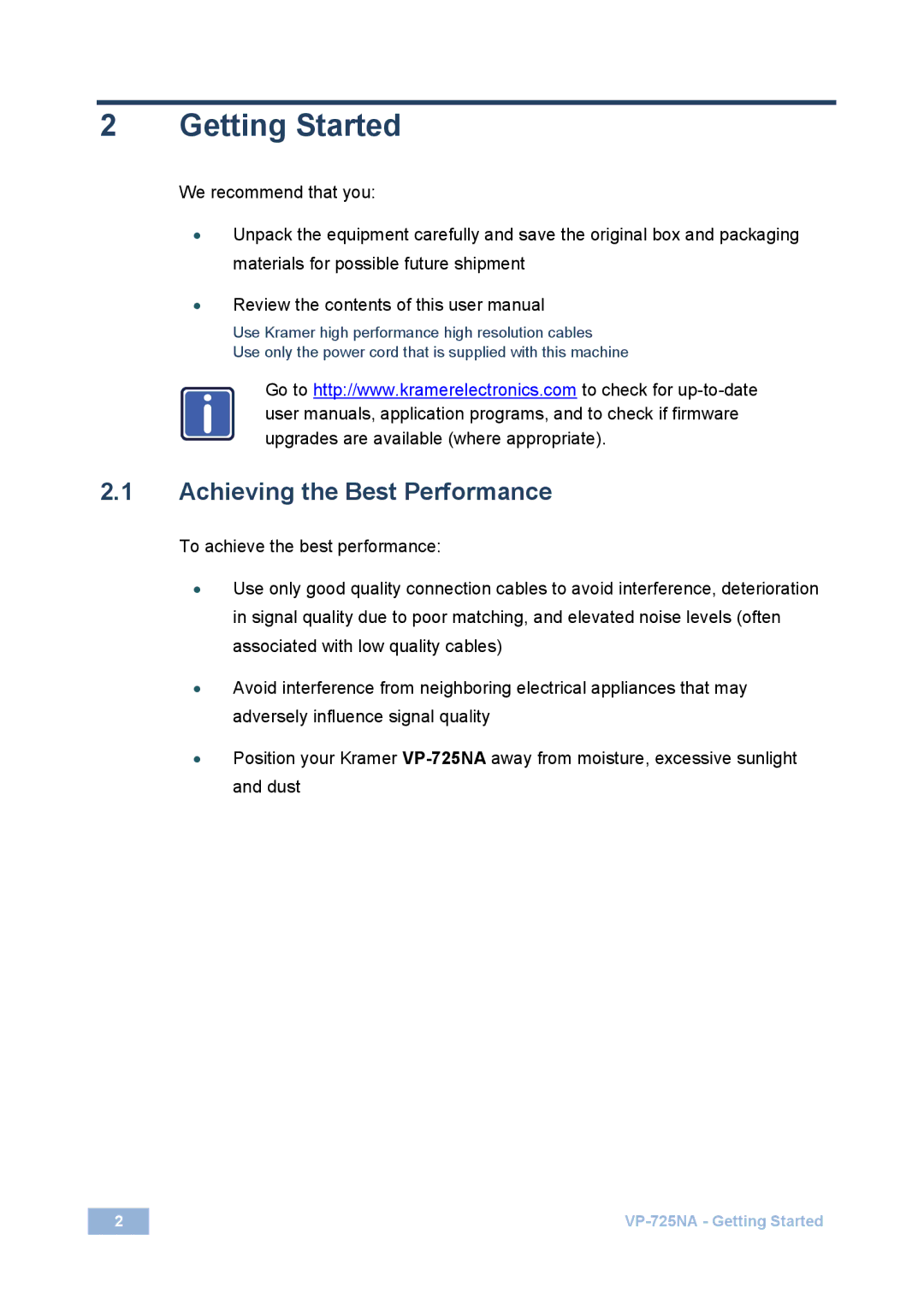 Kramer Electronics VP-725NA user manual Getting Started, Achieving the Best Performance 