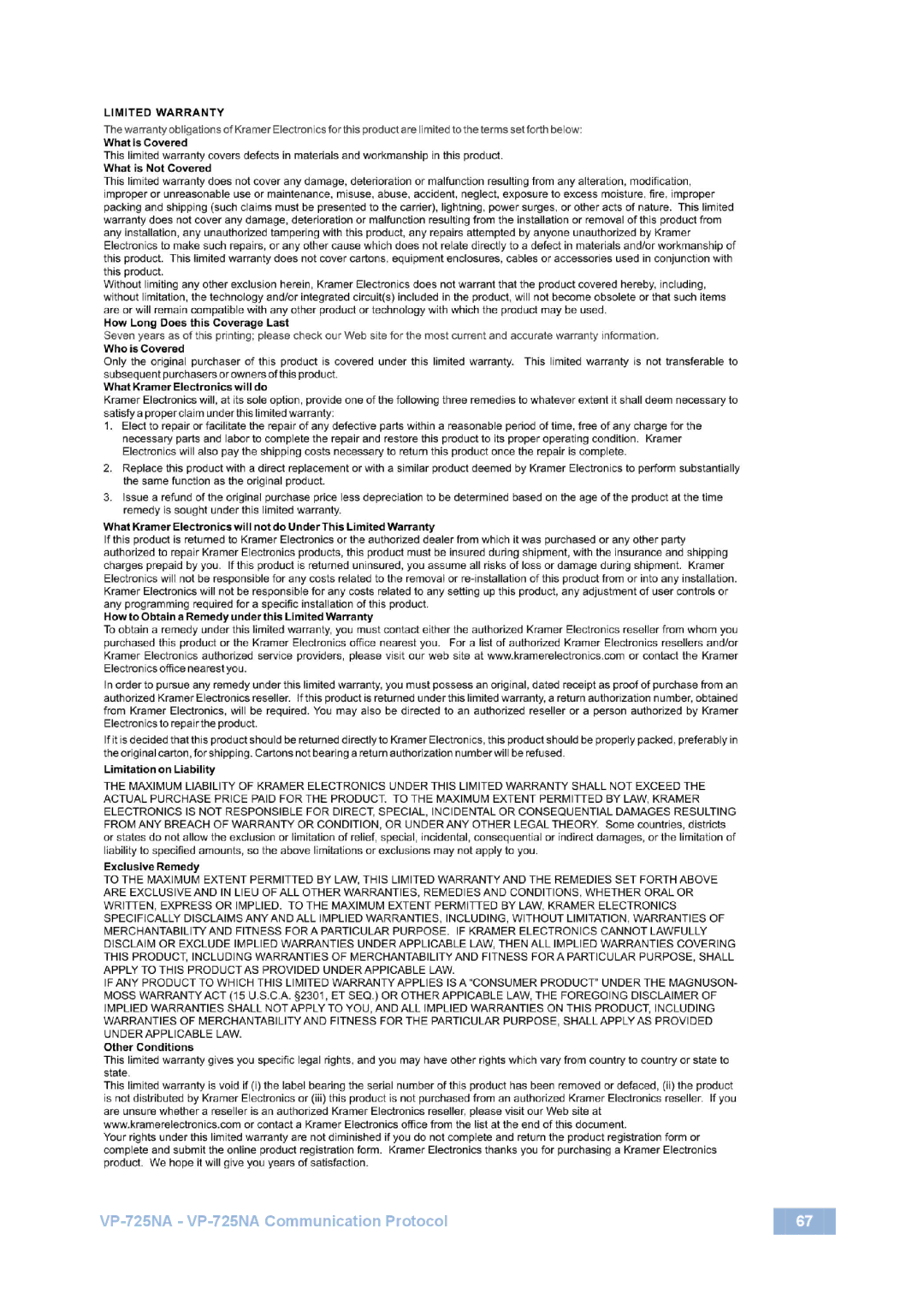 Kramer Electronics user manual VP-725NA VP-725NA Communication Protocol 