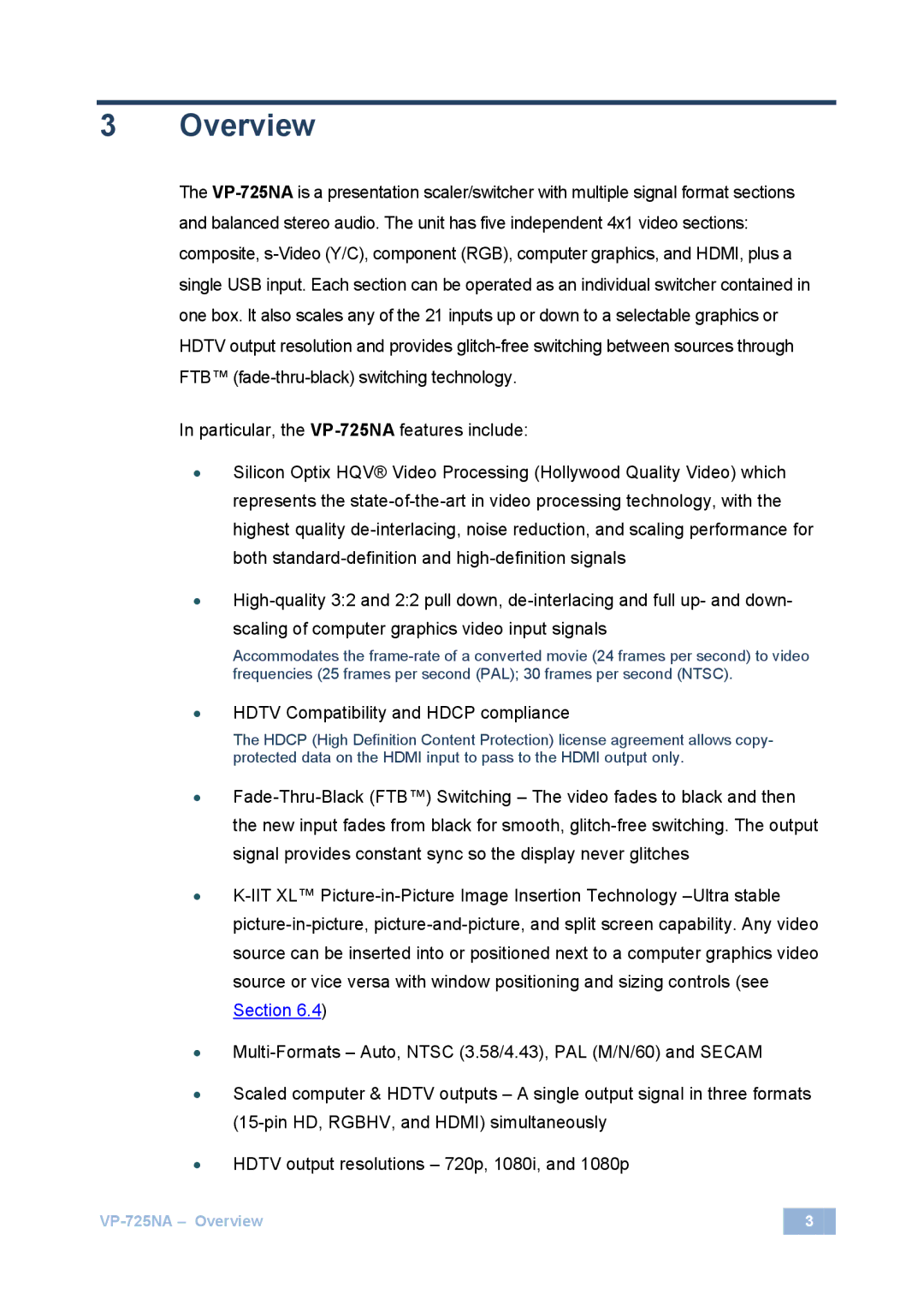 Kramer Electronics VP-725NA user manual Overview, Hdtv Compatibility and Hdcp compliance 