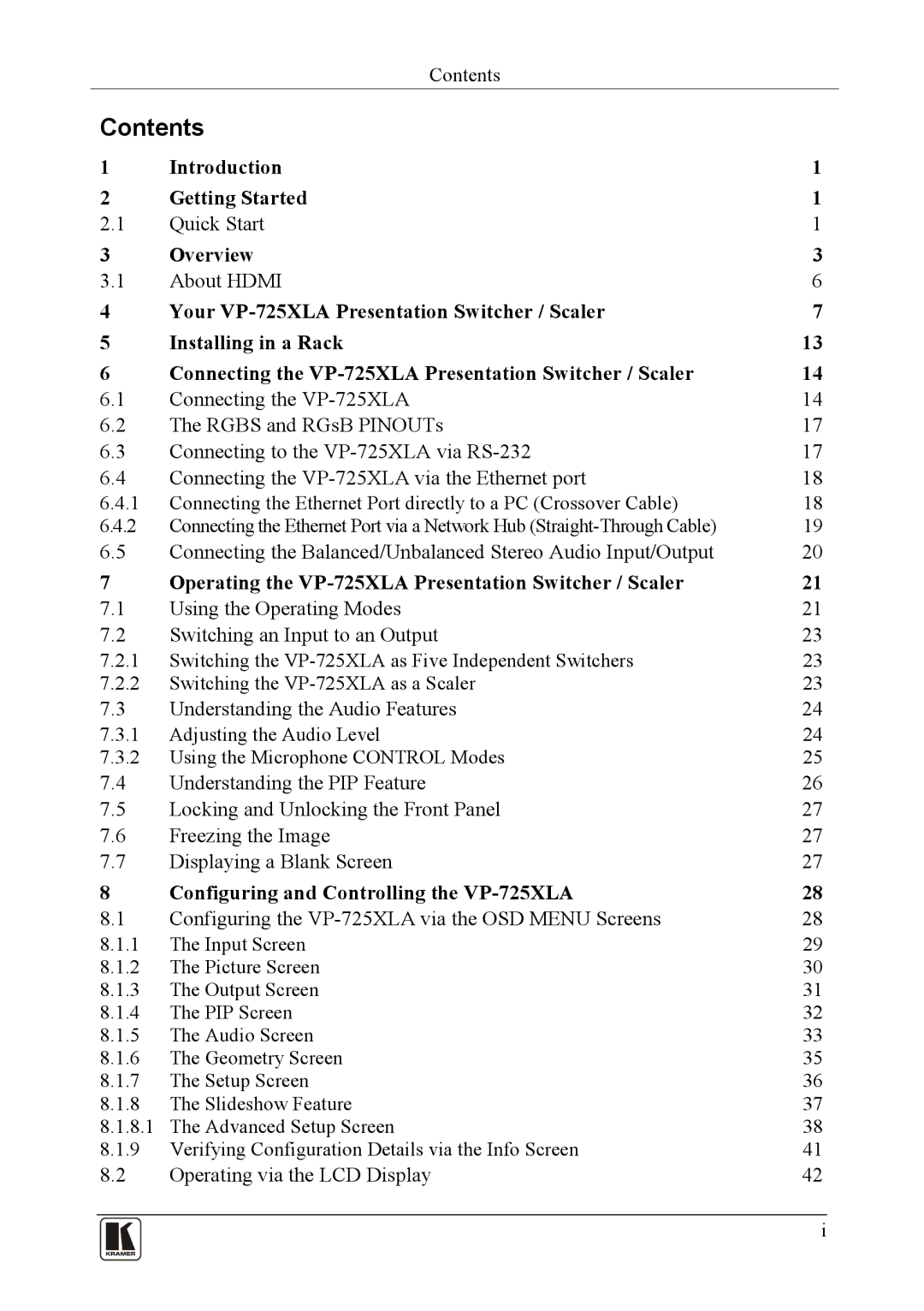 Kramer Electronics VP-725XLA user manual Contents 